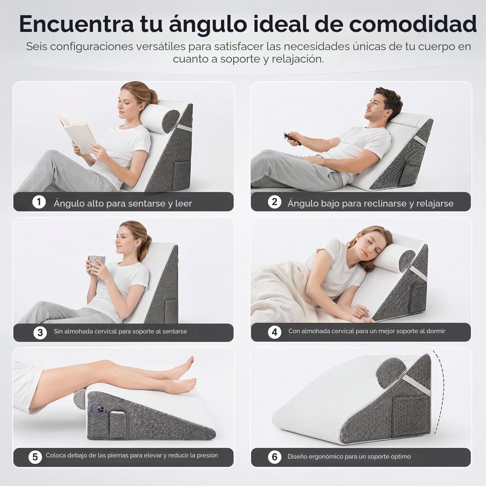 Cojín Ortopédico Triangular, Inclinable, 3 en 1, Viscoelástica | Funda de Algodón Extraíble, Gris-Blanco, 50x50x26 cm, Ideal para Cama, Espalda y Lectura, Alivio de Presión