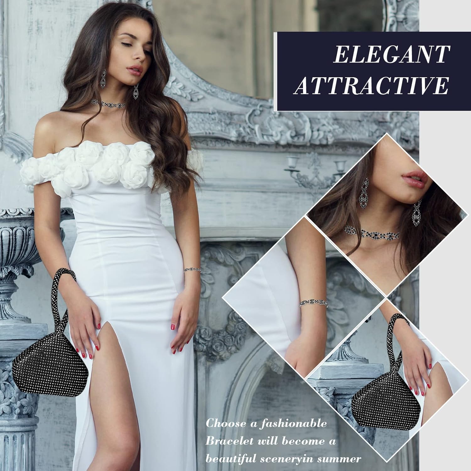 MTLEE 4 Pieces Rhinestone Necklace Choker Bracelet Earring Clutch Purses Jewelry Set Women Crystal Triangle Bling Diamond Purse Rhinestone Bag for Wedding Party - Image 3