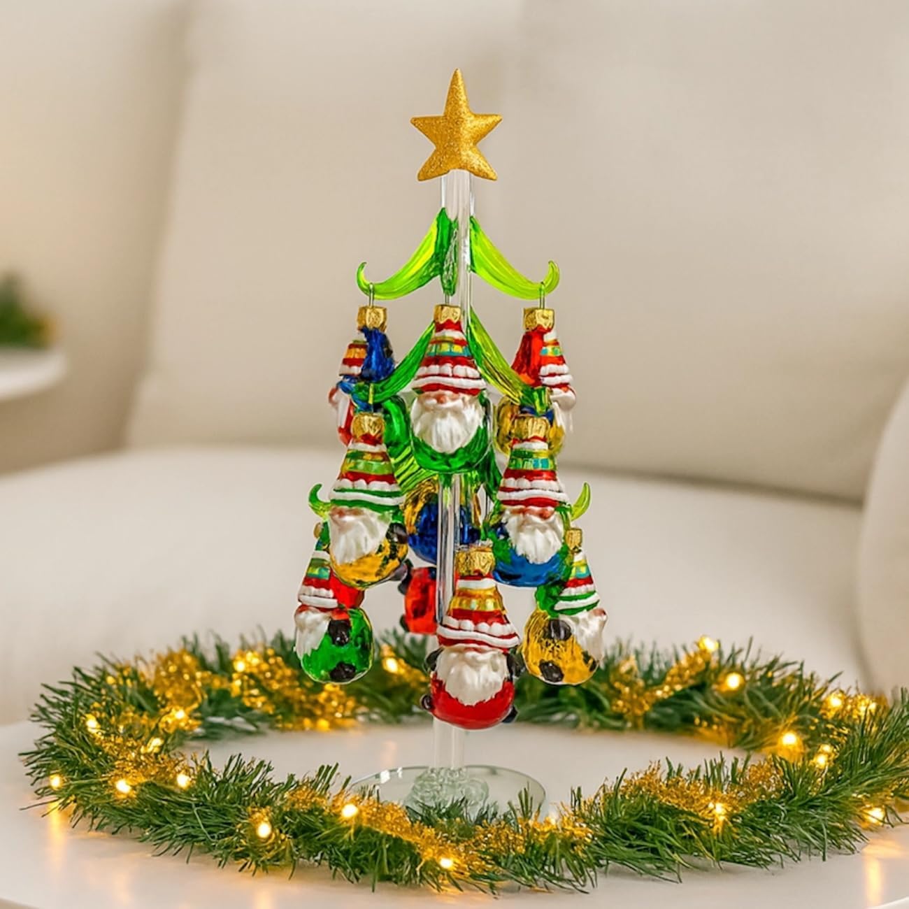 Red Carpet Studios Miniature Glass Christmas Tree with 12 Gnome Ornaments, 10-Inches