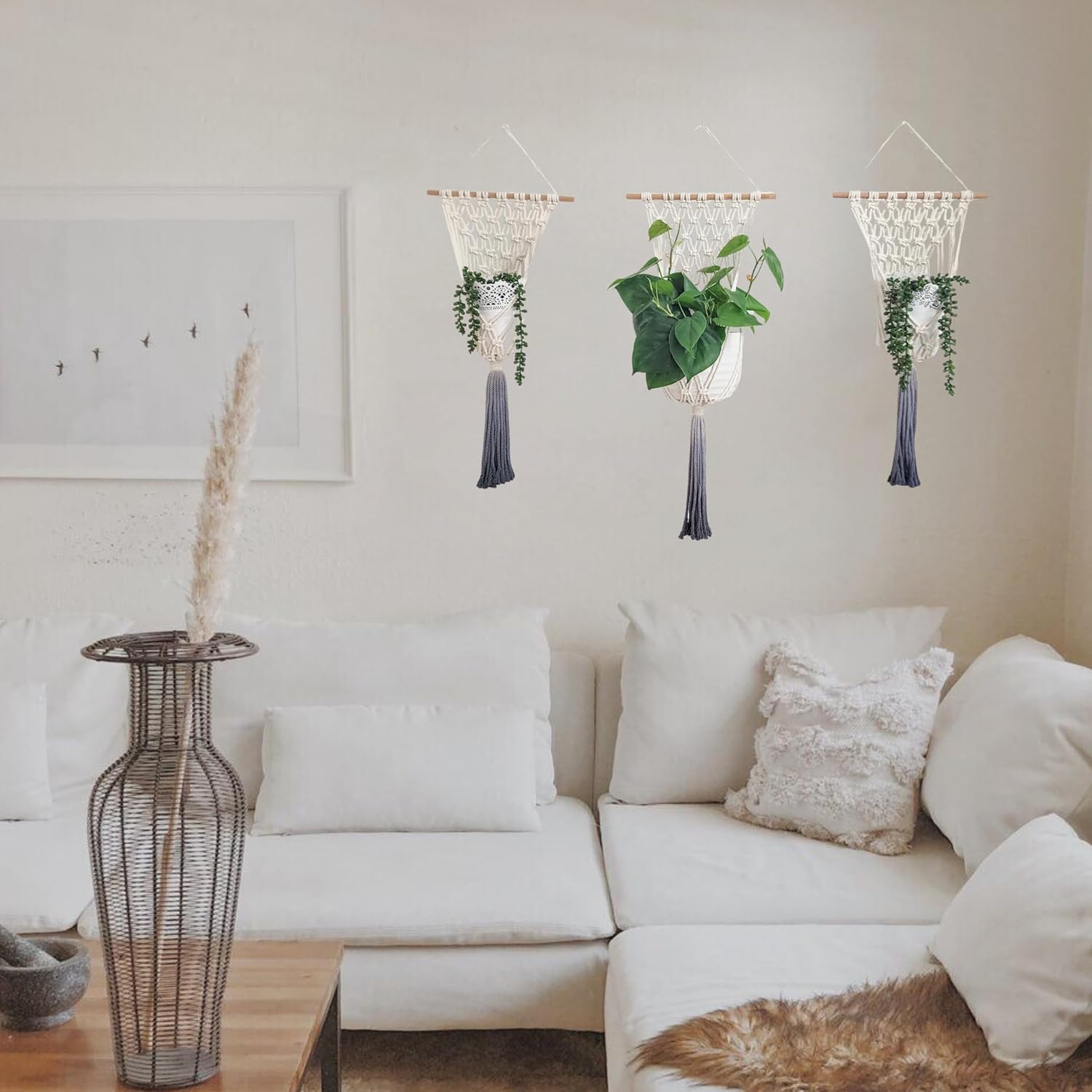 Set of 3 Ombre Dyed Macrame Wall Hanging plant stand Macrame plant hanger indoor and outdoor plant hanger Plant shelf indoor vertical garden planter plant shelf indoor Boho Decor (Ombre Gray)
