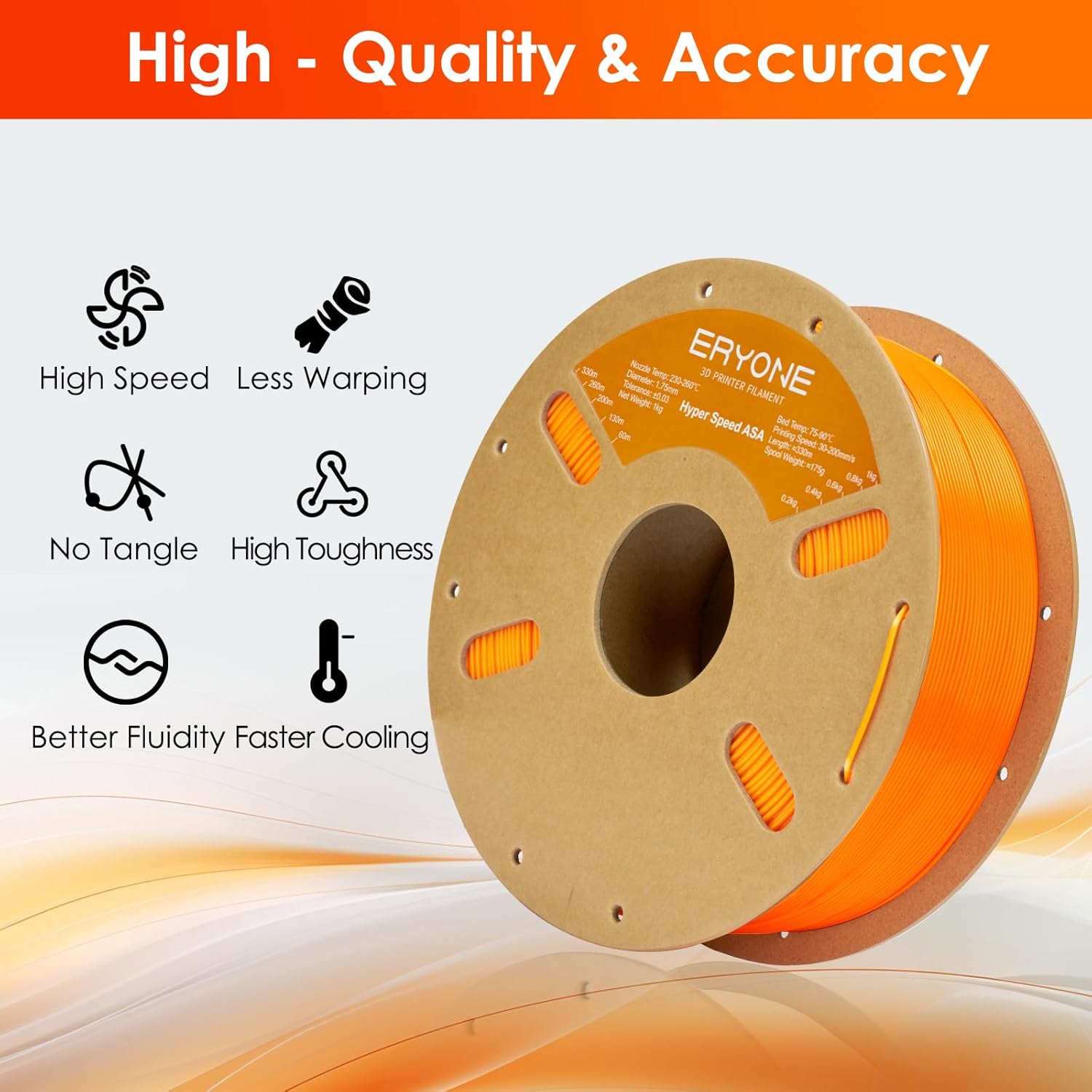 ERYONE High Speed ASA Filament for 3D Printer 1.75mm +/-0.03mm, Rapid ASA 3D Printing Filament, 30-200mm/s Hyper Speed ASA 1kg(2.2LBS)/Spool, Orange