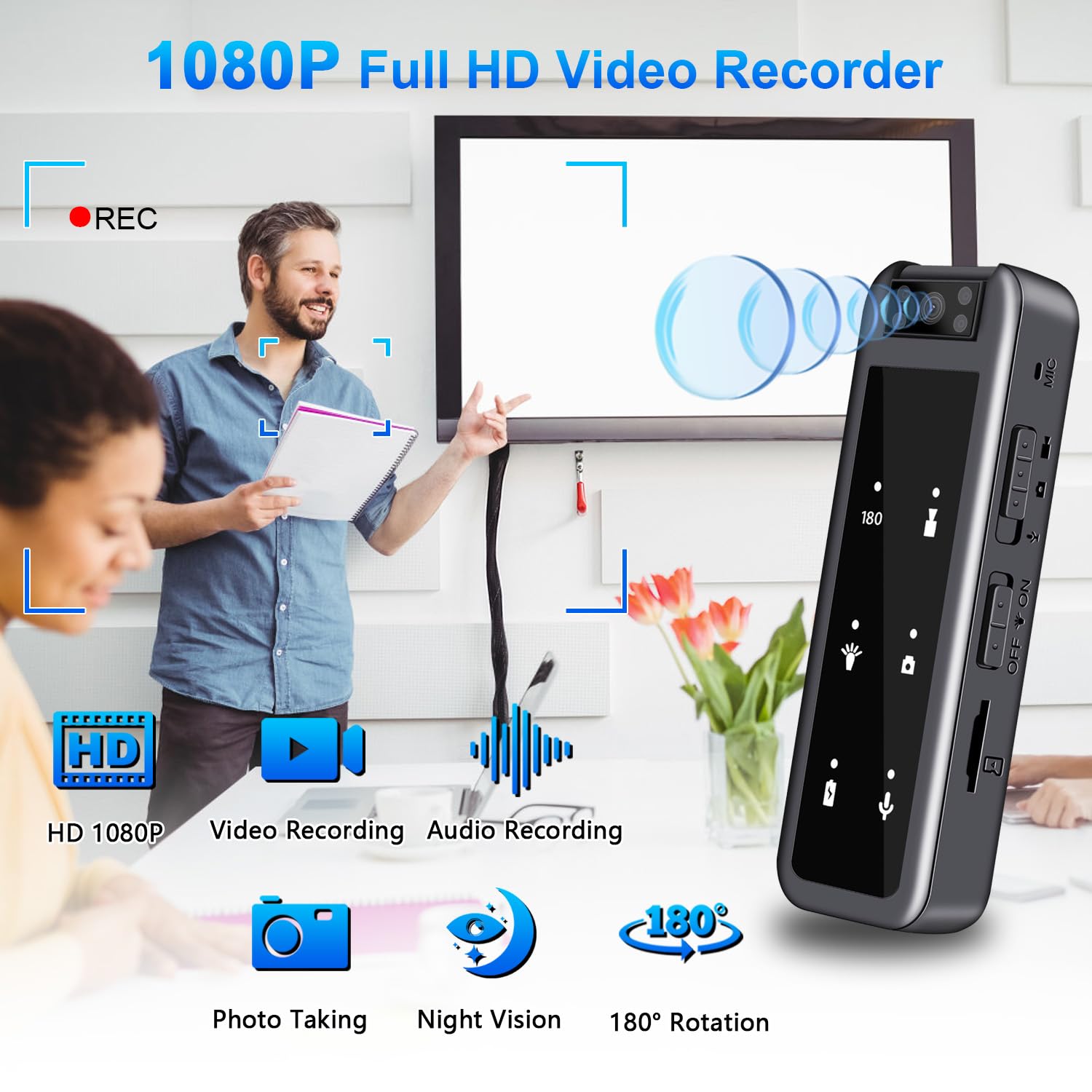 1080P Mini Video Cámara con Clip Trasero, 128GB Cámara de Cuerpo con 5HR Batería &180° Lente Giratoria, Visión Nocturna Cámara de Cuerpo con Grabación de Video y Audio