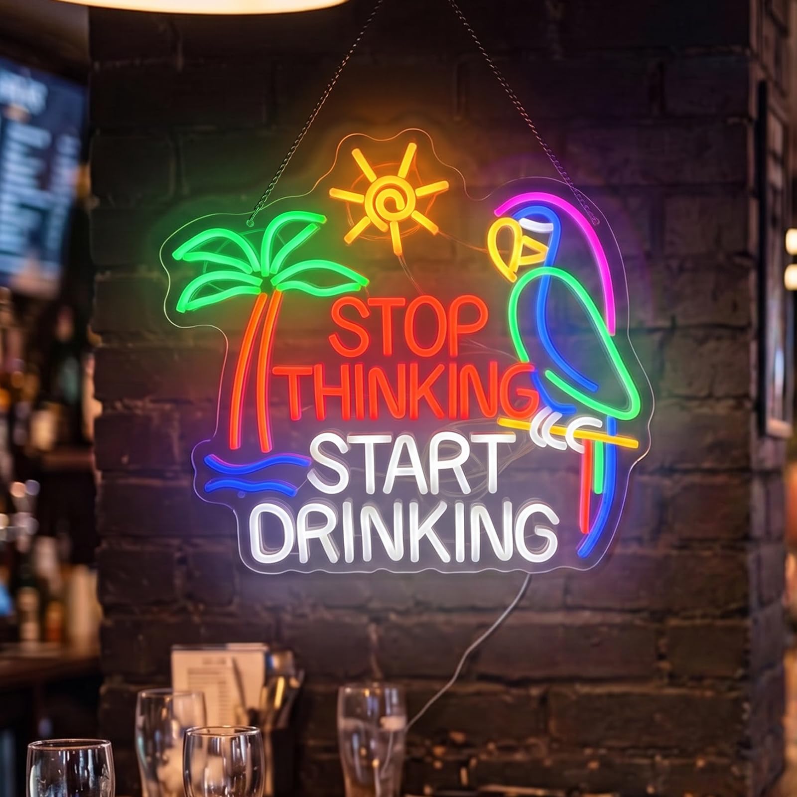 Zhengmy Insegna al neon per decorazione da parete Stop Thinking Start Drinking Bar Decorazione per feste USB Alimentata a batteria Pappagallo Palma Tramonto Lettera dell'alfabeto Lettera LED per la