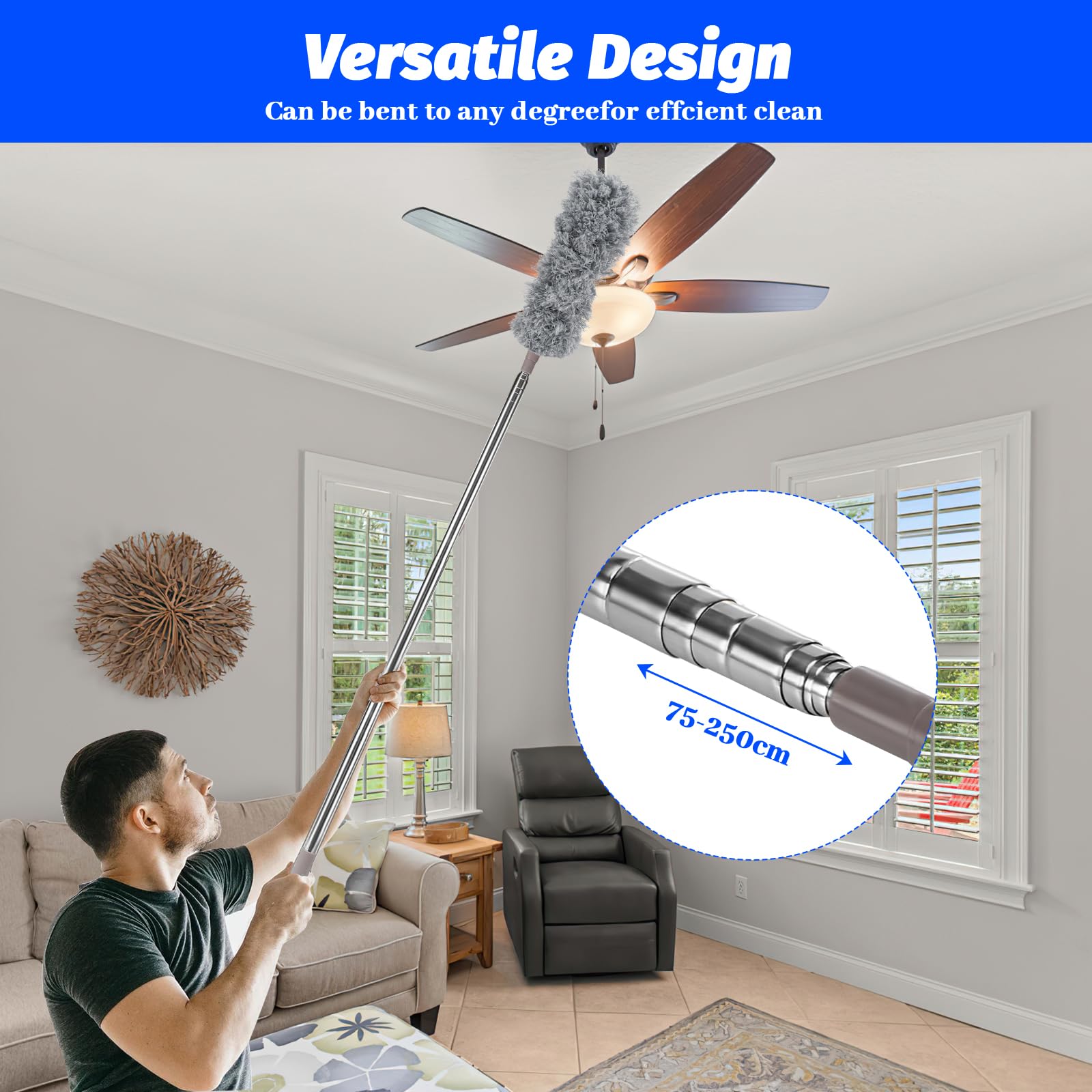 6 Piezas Plumero Telescopico Extensible,Plumero Telescópico Lavable de Microfibra,Extensible hasta 250 cm,per Limpieza de Ventiladores de Techo Alto,Persianas,Muebles,Telaraña,Polvo