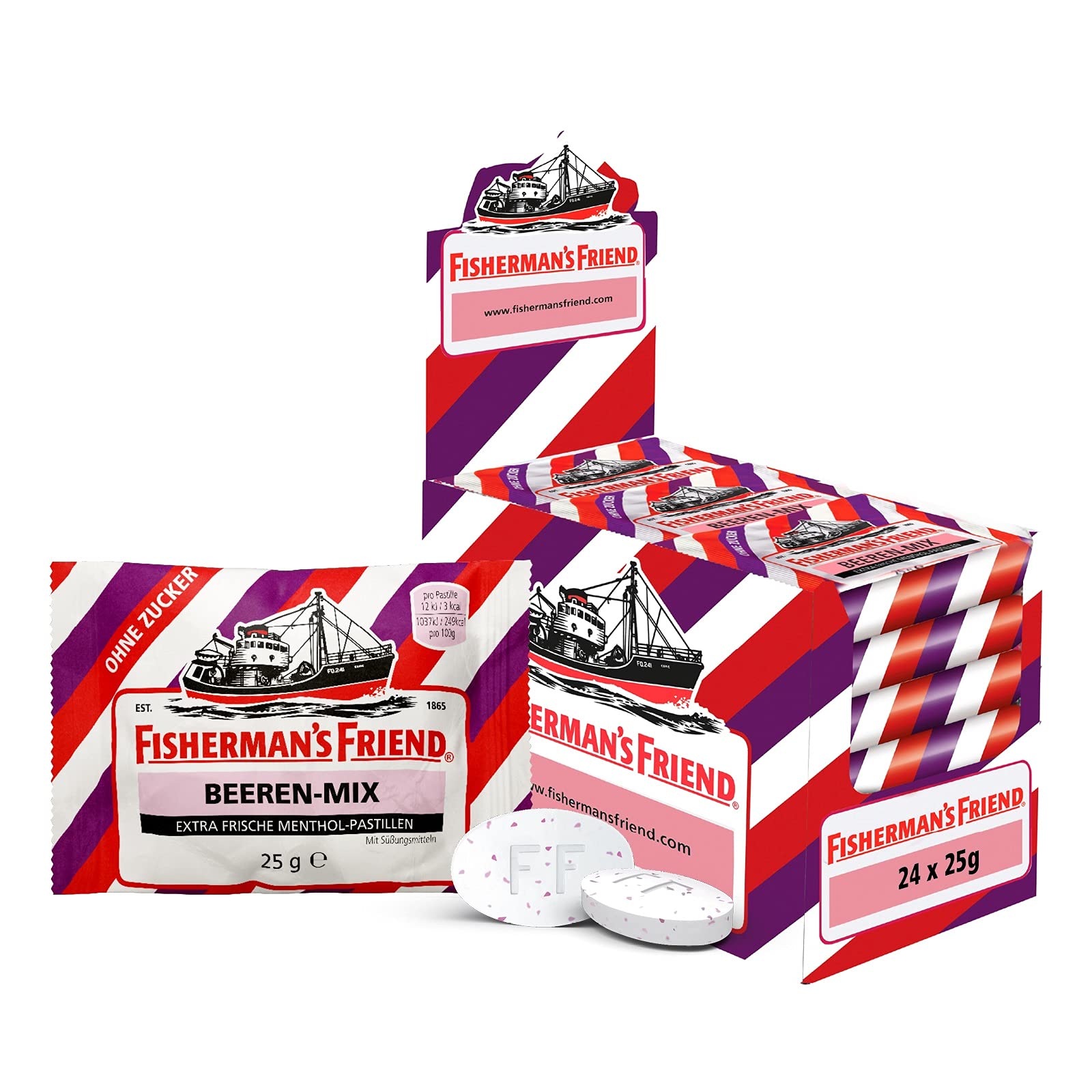 Fisherman’s Friend Beeren Mix, 24er Vorratsbox, Exklusive Sorte: Wild-fruchtiger Beeren Mix, zuckerfrei, vegan, Bonbons für frischen Atem, 24 x 25g