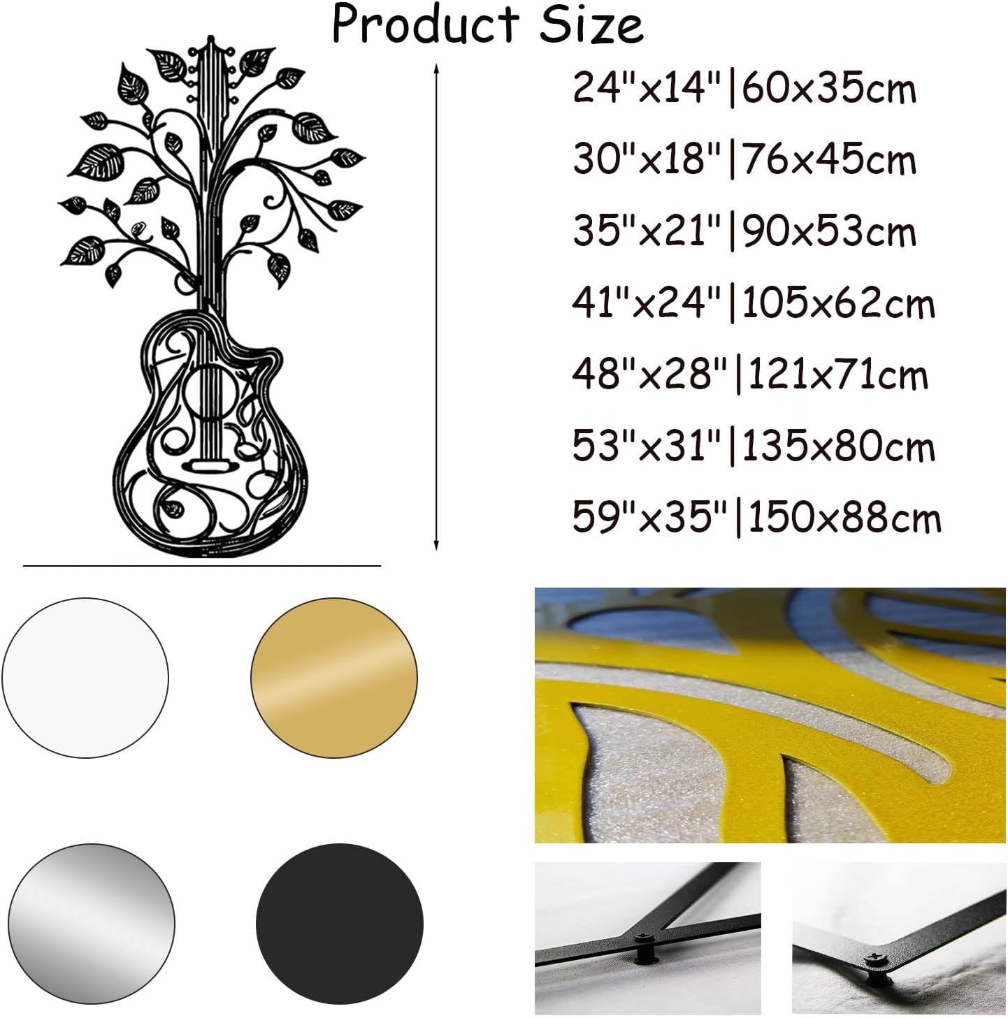 Guitar Metal Wall Decor, Tree of Life Guitar Minimalist Decor, Guitar Art Wall Decor, Abstract Guitar Metal Wall Art, Music Metal Wall Art, Music Room Decor, Music Lover Gift (Gold, 30"x18"|76x45cm)