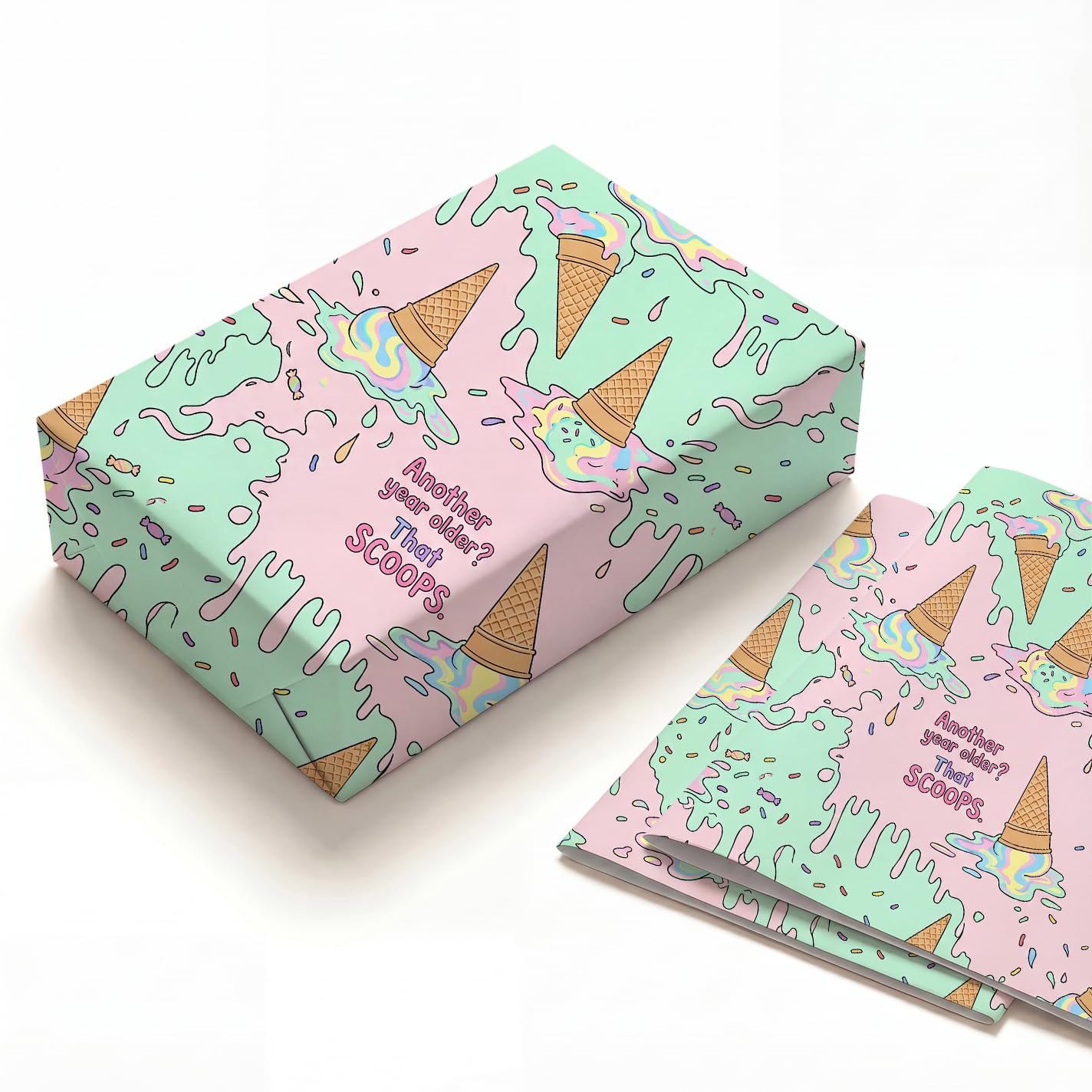 Funny Melting Ice Cream Birthday Wrapping Paper Folded Sheets, 120GSM Thick Kraft Wrapping Paper for Women, Sarcastic Dropped Cone Print Present Packaging for Bestie Friend, 2 Pack