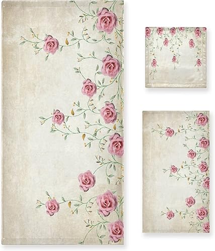 Juego de toallas de baño para baño, diseño floral de primavera rosa rosa, juego de 3 toallas de lujo, 1 toalla de baño, 1 toalla de mano, 1 toalla,