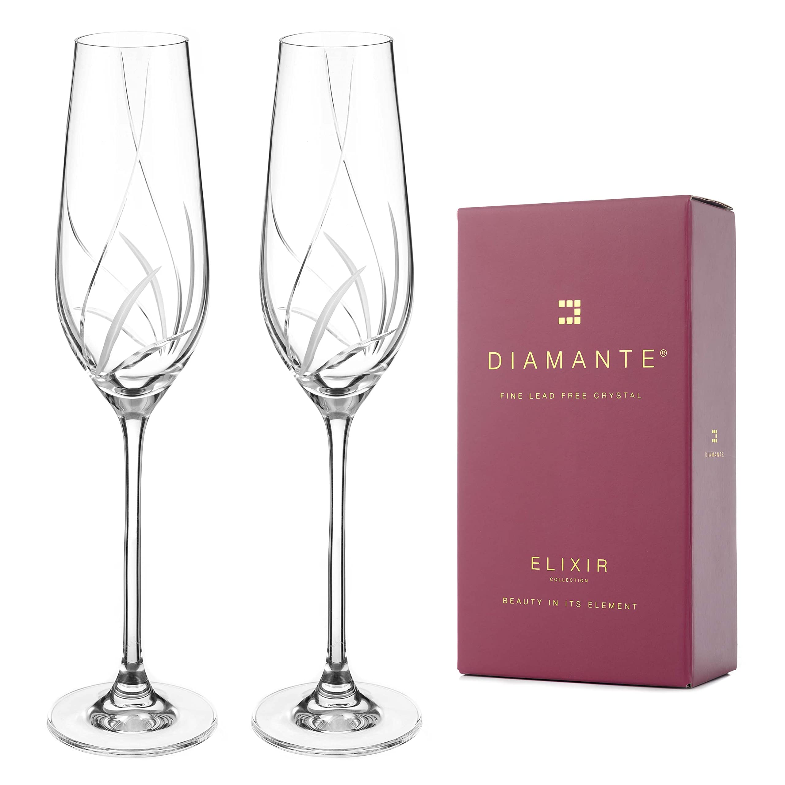 DIAMANTE Champagne Flutes Prosecco Glasses Pair with Meadow Hand Cut Design - Set of 2 Crystal Champagne Glasses in a Gift Box - Image 2
