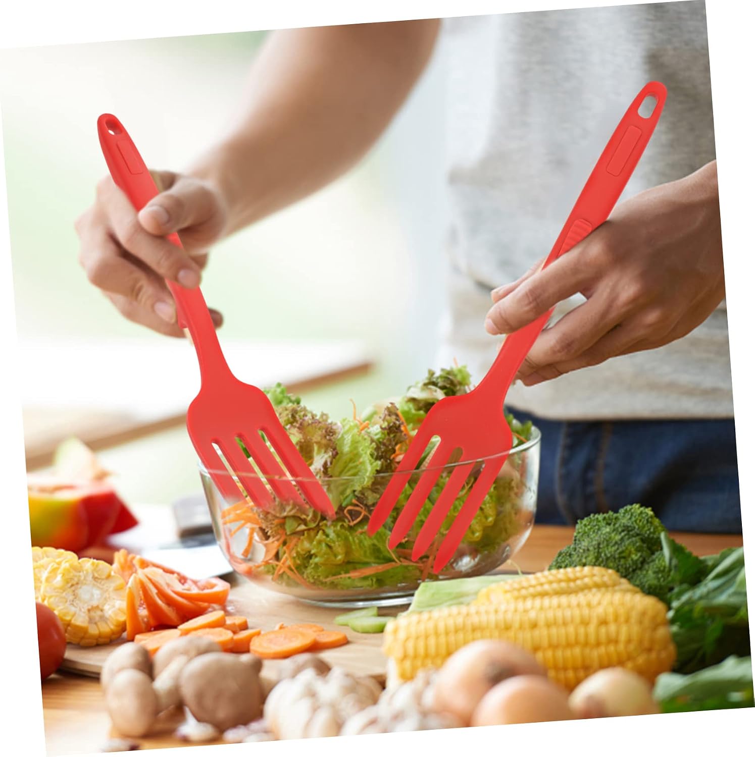 Silicone Cooking Fork for Pasta and Fried Noodles Red Kitchen Tool