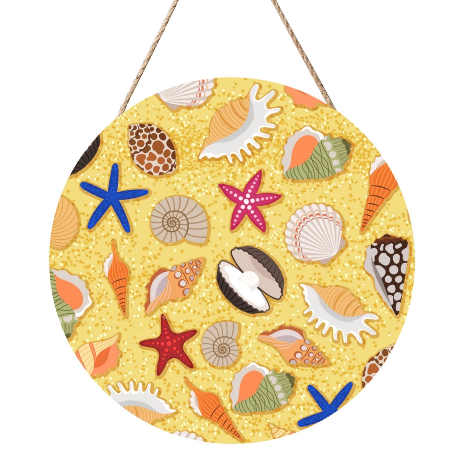 InOmak Beach Sand Background With Sea Shells, Round Wood Panel Painting 12 in, Wall Hanging Painting For Home