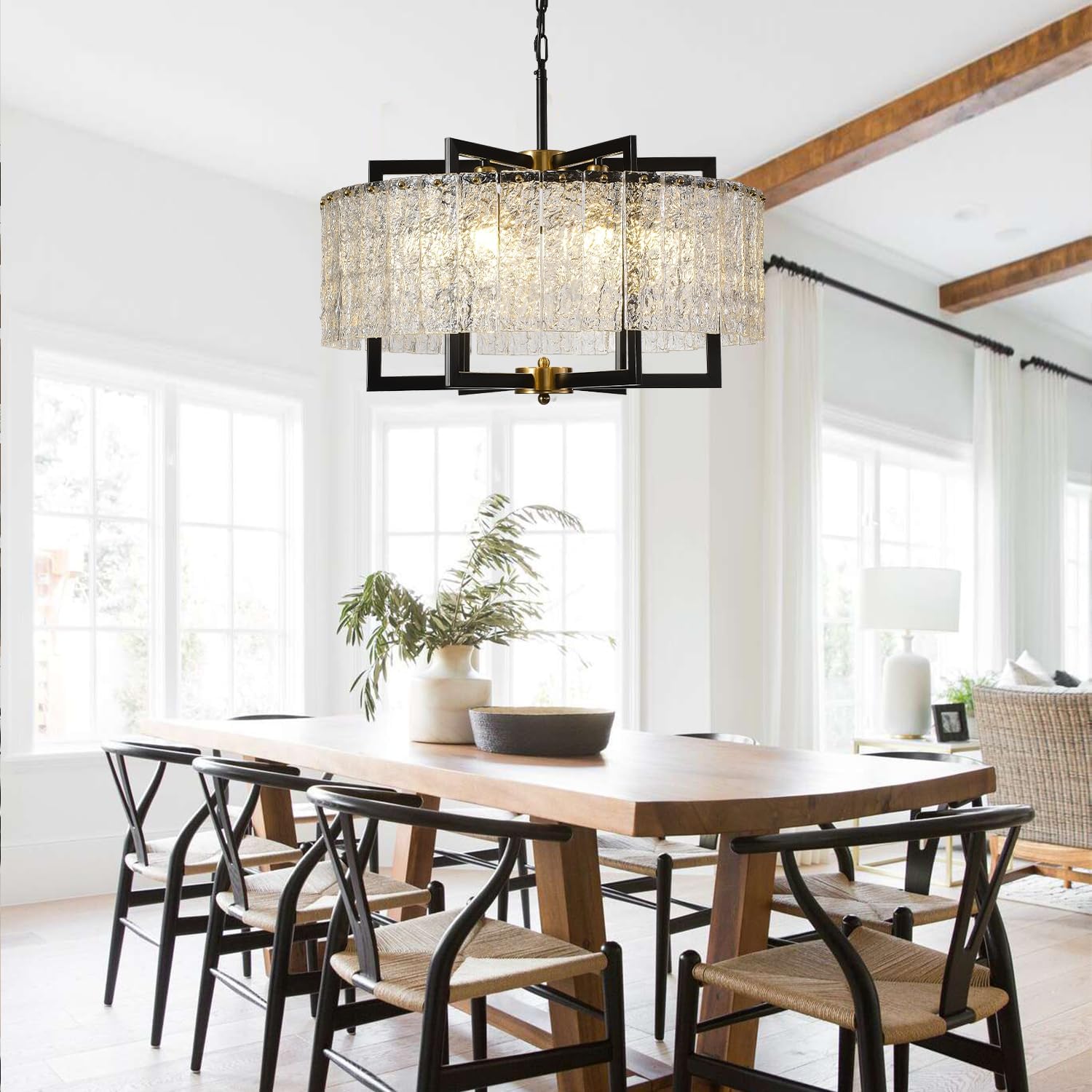 6-Light Black Crystal Chandeliers 24 inch Drum Modern Farmhouse Chandelier Light Fixture Water Ripple Glass Chandeliers for Living Room, Dining Room, Bedroom, Kitchen