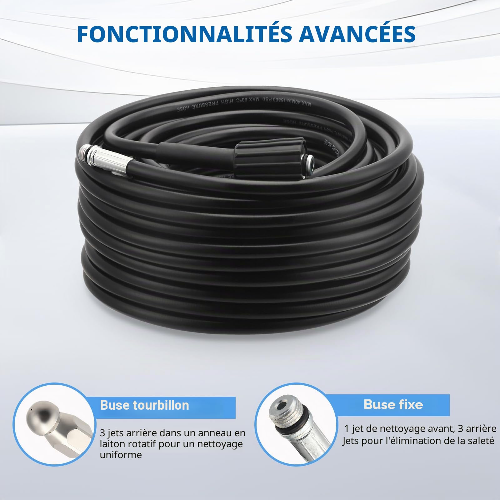 Furet Deboucheur Canalisation Haute Pression 30M,Tuyau Flexible 210 Bar 60°C,Avec Adaptateur,Buse Fixe/Rotative,Rallonge De Tuyau Pour Karcher Nettoyeur Compatible Avec Kärcher K2-K7 (30M)