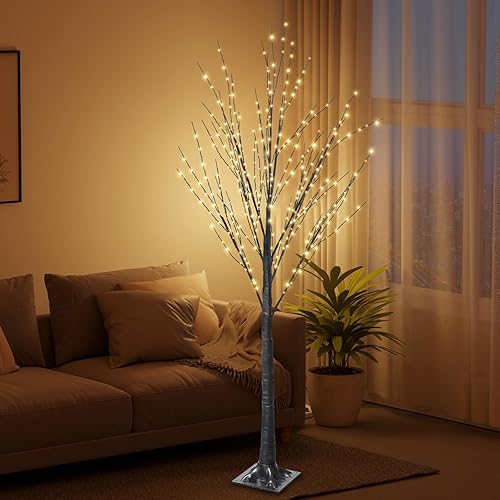 Miniatura 6 de Árbol iluminado con 400 luces LED de 5 pies, incluye luces parpadeantes, abedul LED con temporizador para exteriores, interiores, Pascua, Navidad,
