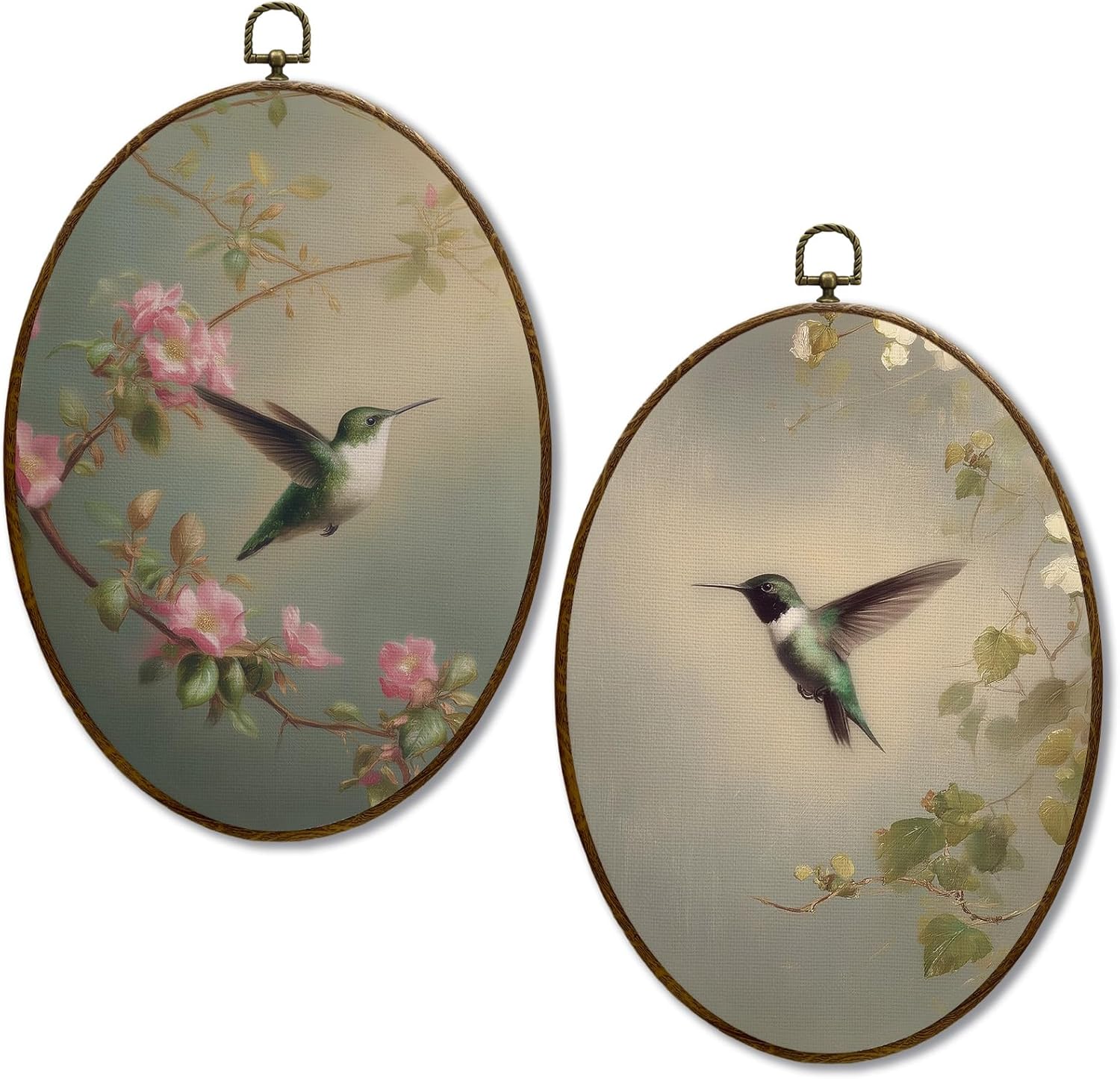 JQF Vintage Spring Hummingbird Floral Oval Wall Art, Rustic Farmhouse Oval Canvas Wall Art, Cottagecore Botanical Bird Framed Prints Hanging Decor for Home Bedroom Living Room, 8.5x11.5 Inch Set of 2