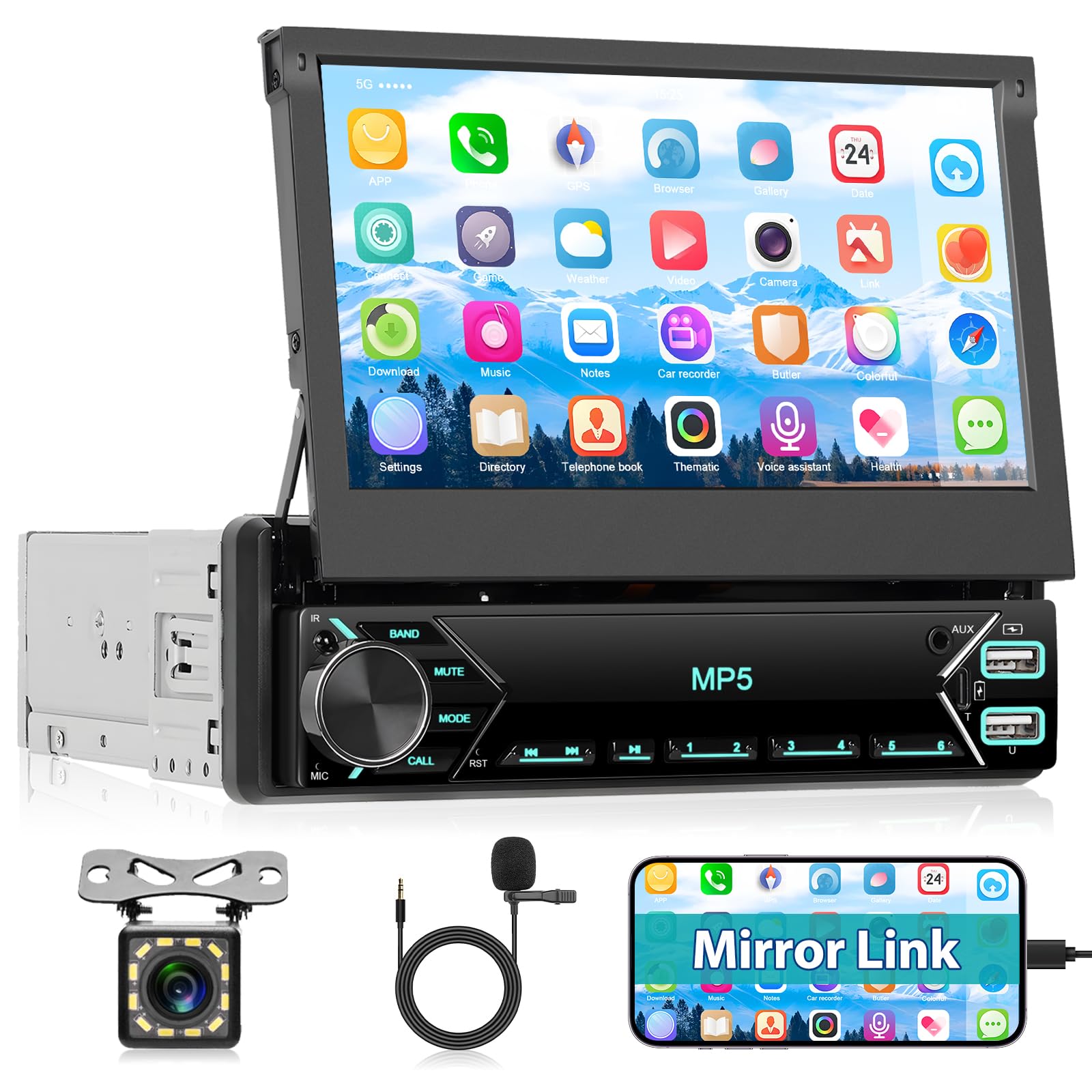 Autoradio Motorsi 7'' con Schermo 1-DIN Bluetooth, Display touch HD retrattile manuale, Singolo DIN Radio, per iPhone e Android, Mirror Link, USB/SWC/radio FM/AUX/TF, Telecamera Posteriore, Microfono
