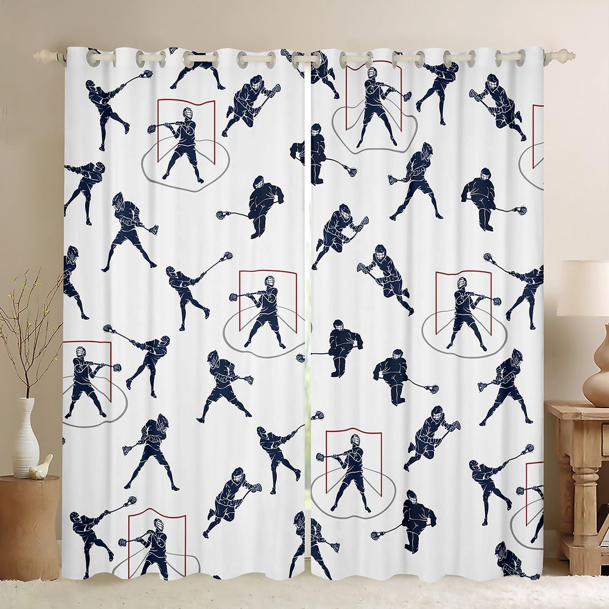Feelyou Lacrosse Window Curtains for Bedroom Living Room for Kids Boys Sports Gaming Lacrosse Player Teens Window Drapes Treatments Puck Hockey Curtains Ball Sports Themed Decor, 42W X 90L,2 Panels