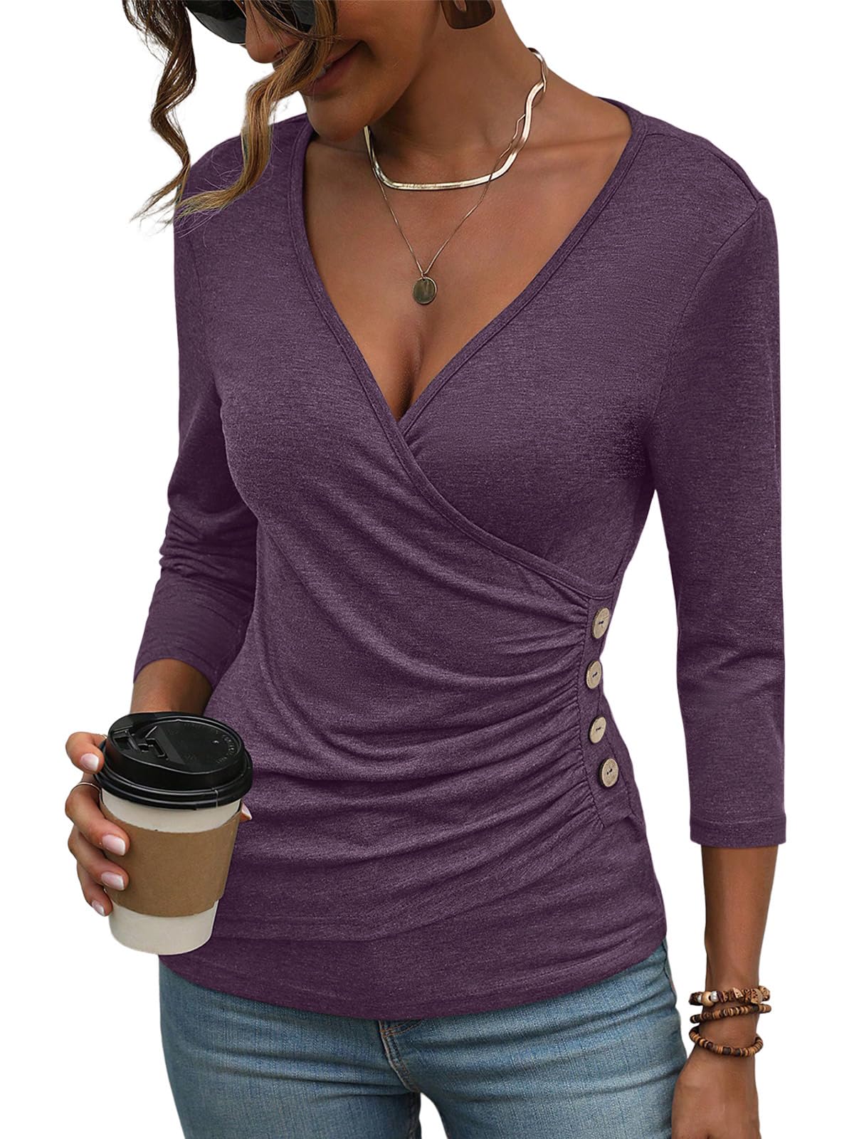 EasyGala Deep V Neck 3/4 Length Sleeve Tops for Women Ruched Sexy Slim Fit Button Side Blouse