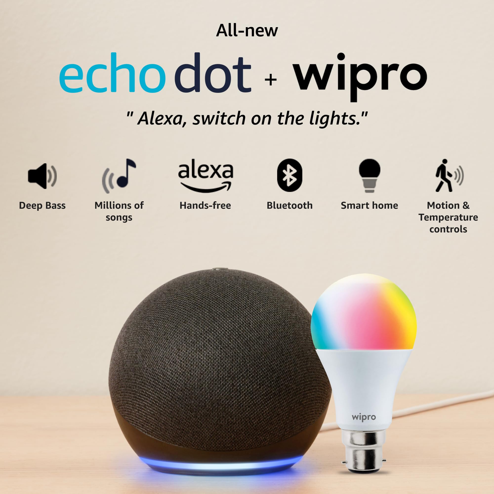 Amazon Echo Dot (5th Gen, Black) Combo with Wipro 9W LED Smart Color Bulb