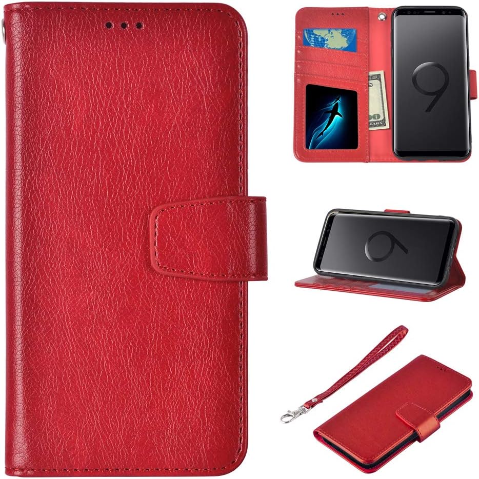 UrSpeedtekLive Galaxy S9 Wallet Case, Premium PU Leather Flip Folio Case Cover w/Card Slots, Cash Pocket, Kickstand, Wrist Strap Compatible with Samsung Galaxy S9 (2018)- Red