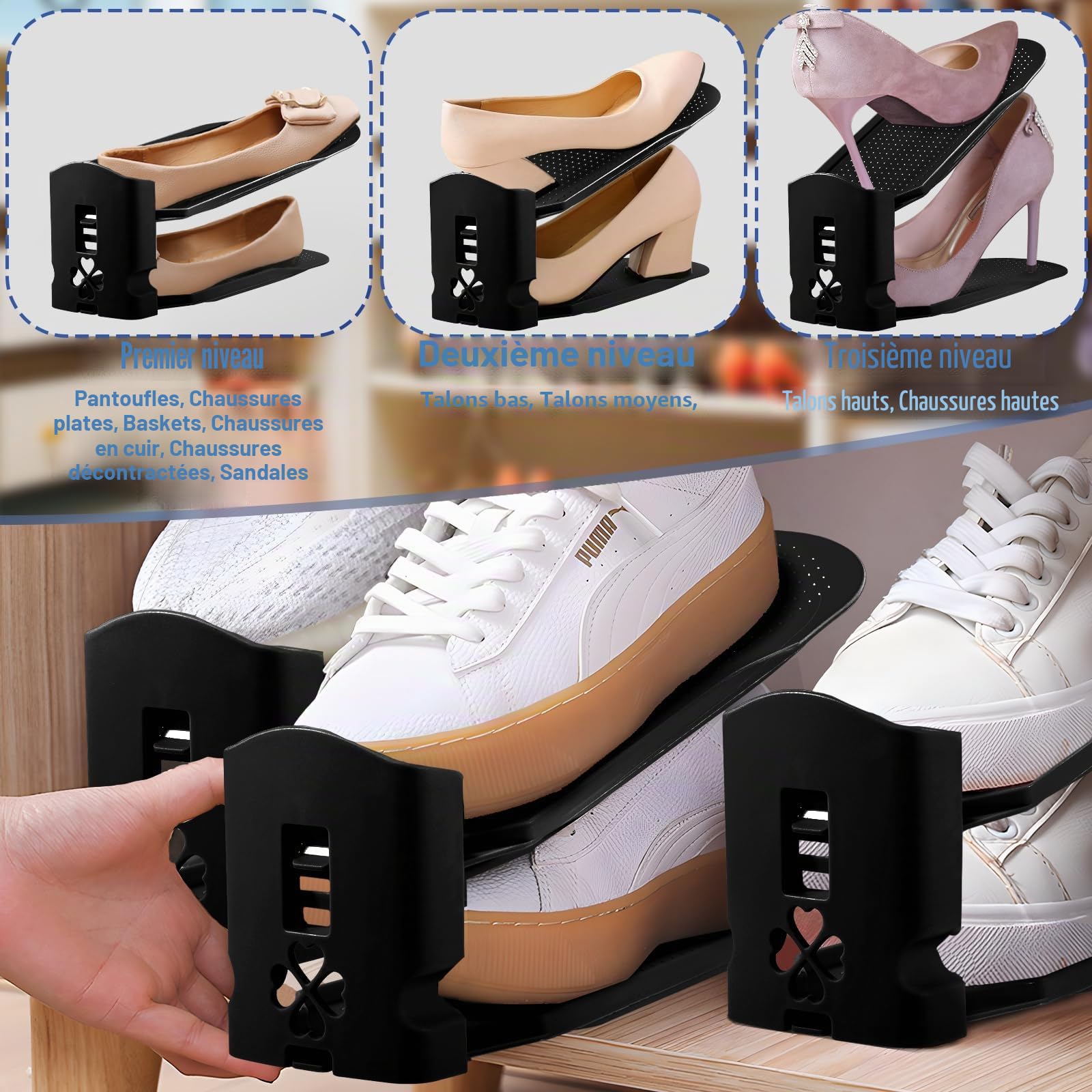 10PCS Support à Chaussures Réglables - Organiseur et Rangement Empilable - Gain de Place - Matériau PP Durable et Facile D'entretien (Noir)