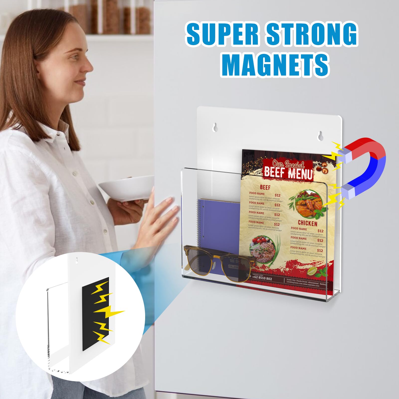 Magnetischer Acryl-Aktenhalter mit Klarsichtfeld für Notizen, Rezepte, Dokumente und mehr, einfach zu installieren und platzsparend, für Kühlschränke, Aktenschränke und Metalloberflächen,