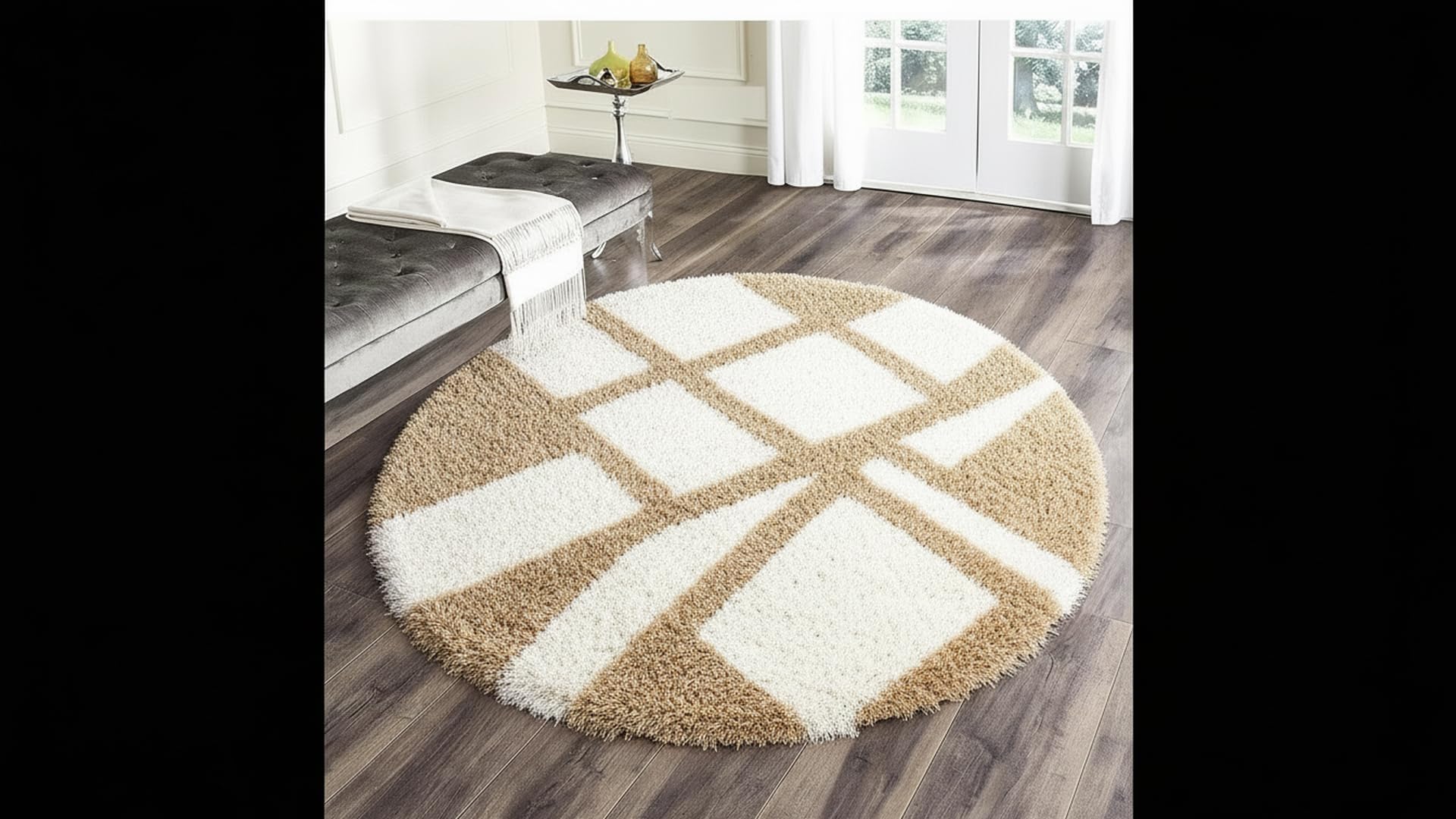Modern Abstract Round Rug - Blue & Beige -28 Modern Abstract Round Rug - Blue & Beige -28