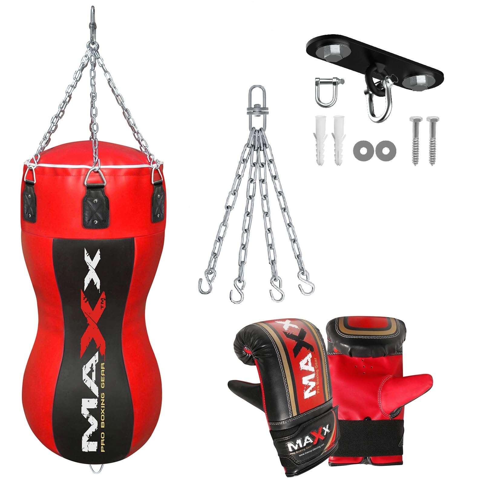 Maxx Black/Red Heavy Duty Punch Bags - Uppercut, Triple, Angle, Wrecking & More (Body Bag, BAG WITH HOOK+MITTS)