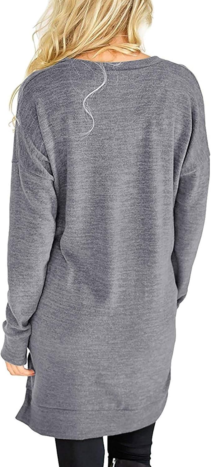 LERUCCI Womens V-Neck Casual Long Sleeve Loose Pockets Tunic Tops Blouse T-Shirt Grey Large - Image 3