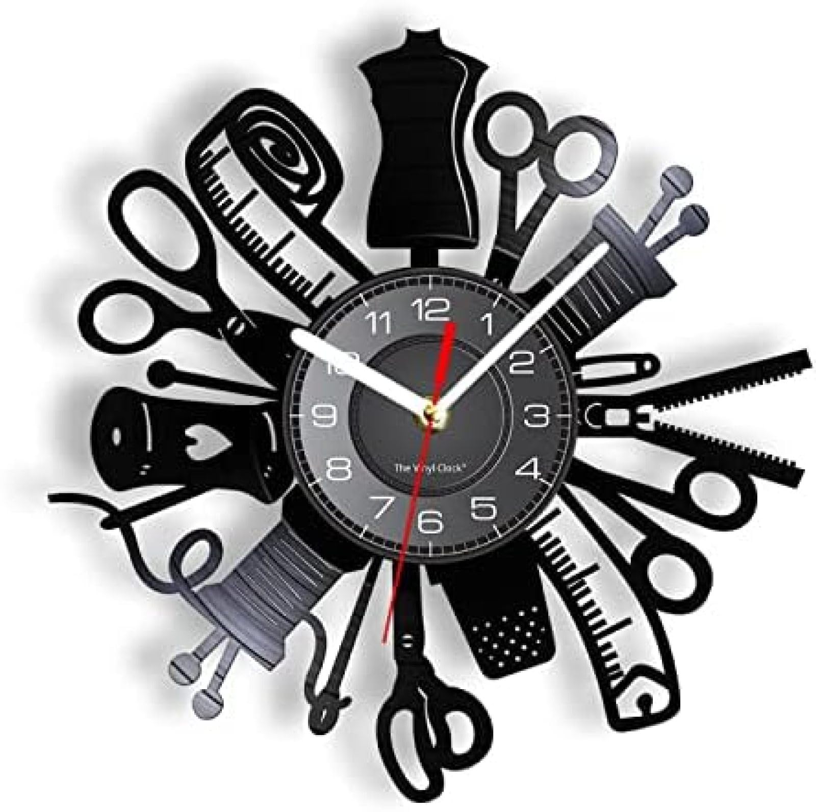 AVJERA Wall Clock 12 Inch Sewing Machine Quilting Tools Vinyl Record Wall Clock Tailor Seamstress Sign Modern Hanging Decor Timepiece Watch Light