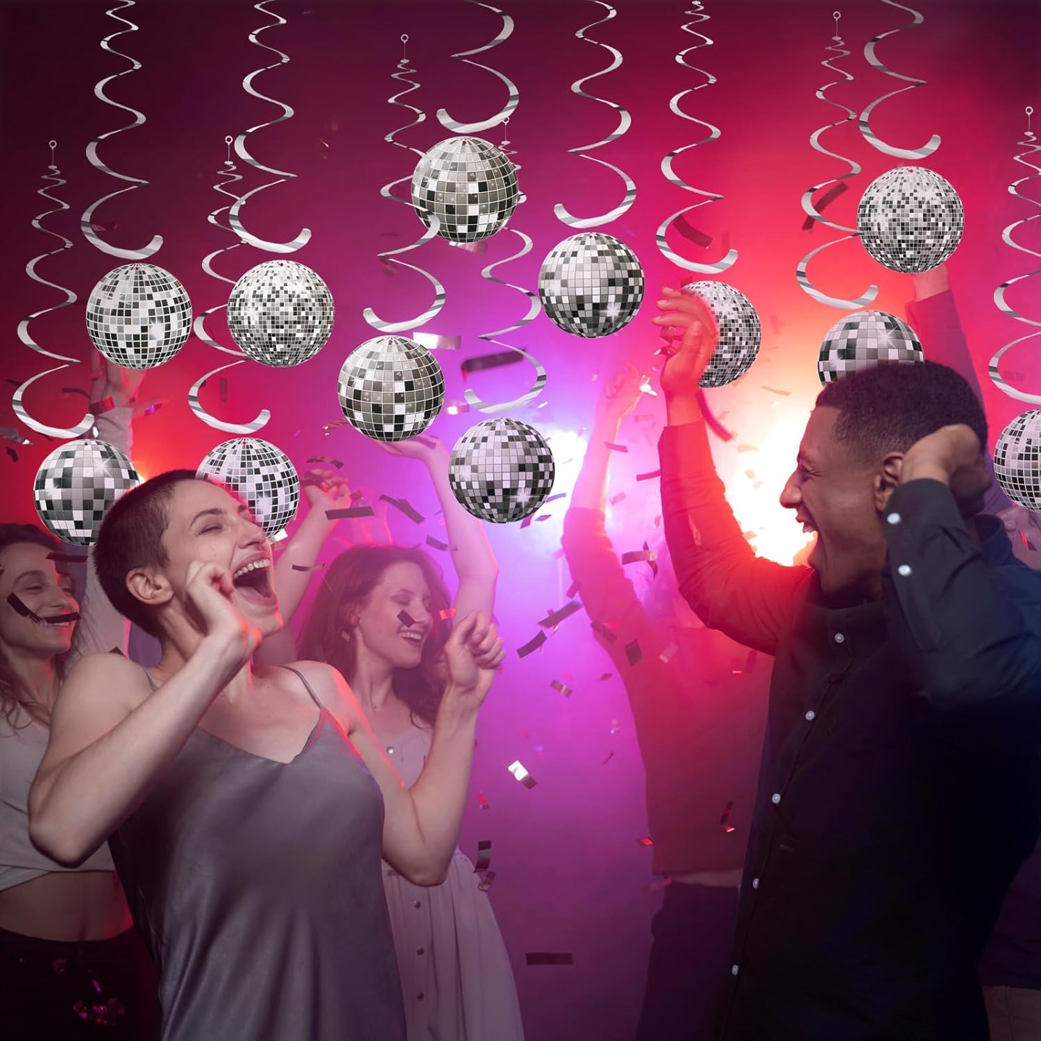 Guirlande de Décoration Disco, 2 Bannières de Boules à Paillettes Argentées+6 Spirales Suspendues, Guirlande de Décoration Disco Spirales, Décoration de Plafond de Fête Style Années 70, 80 et 90