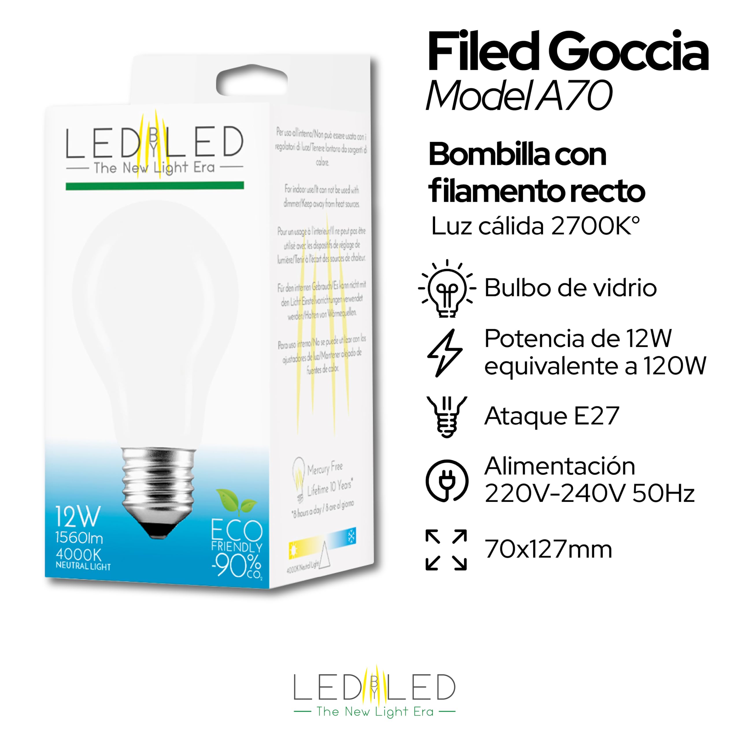 Bombilla Gota 12W Equivalente a 120W, E27, Vidrio Lechoso, 4000K Luz Natural, filamento LED recto, 1560 Lúmenes, Paquete de 10 unidades