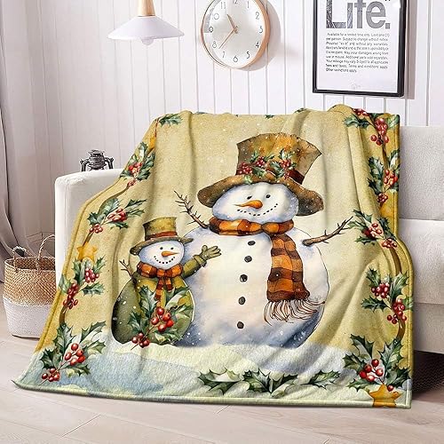 Vista 102 de LUVIVIHOME Manta de Feliz Navidad, bolas de Navidad azules doradas, manta de invierno con copos de nieve, manta individual, acogedora manta cálida