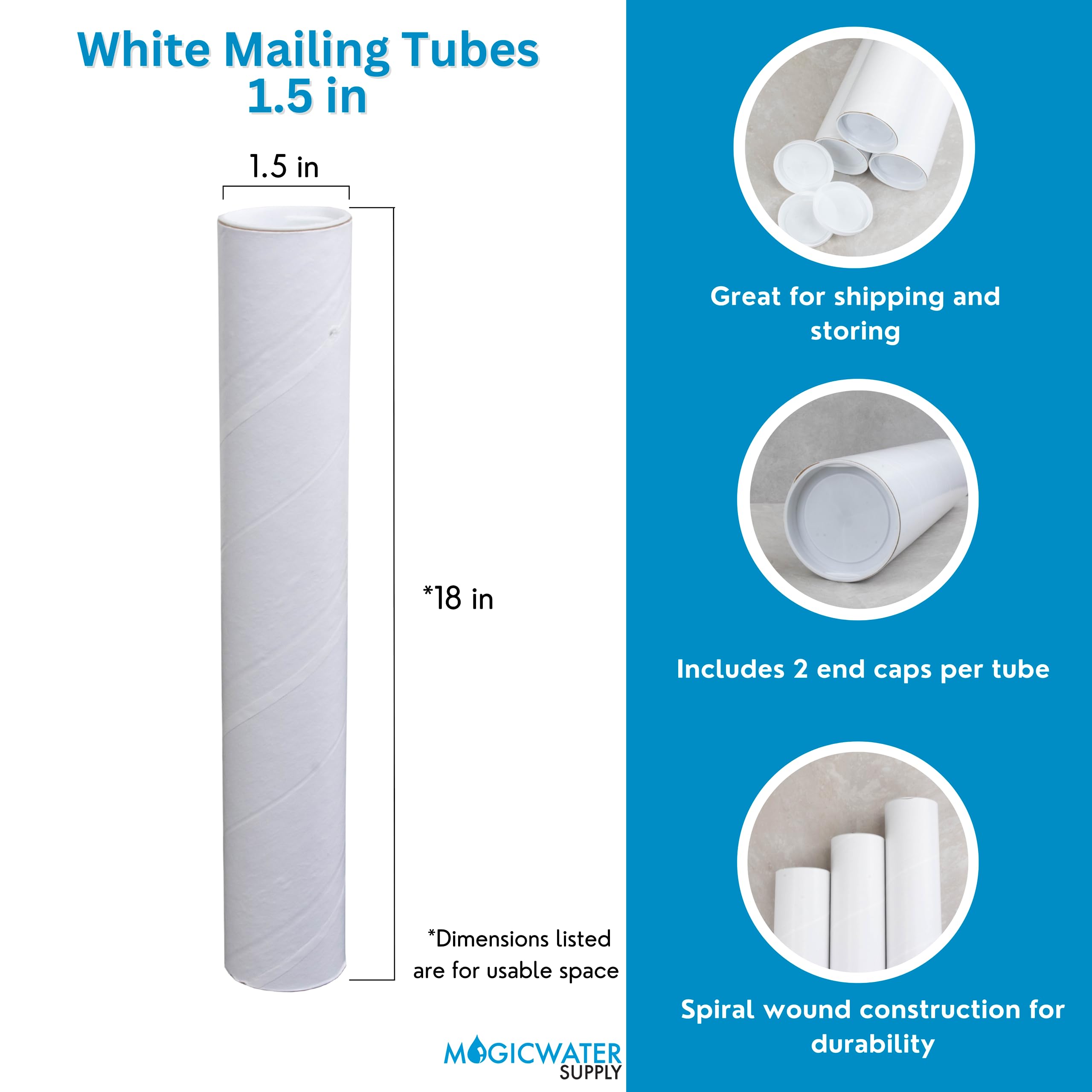 MagicWater Supply Tubos de correo blancos de 1.5 pulgadas x 18 pulgadas con tapas (paquete de 6)