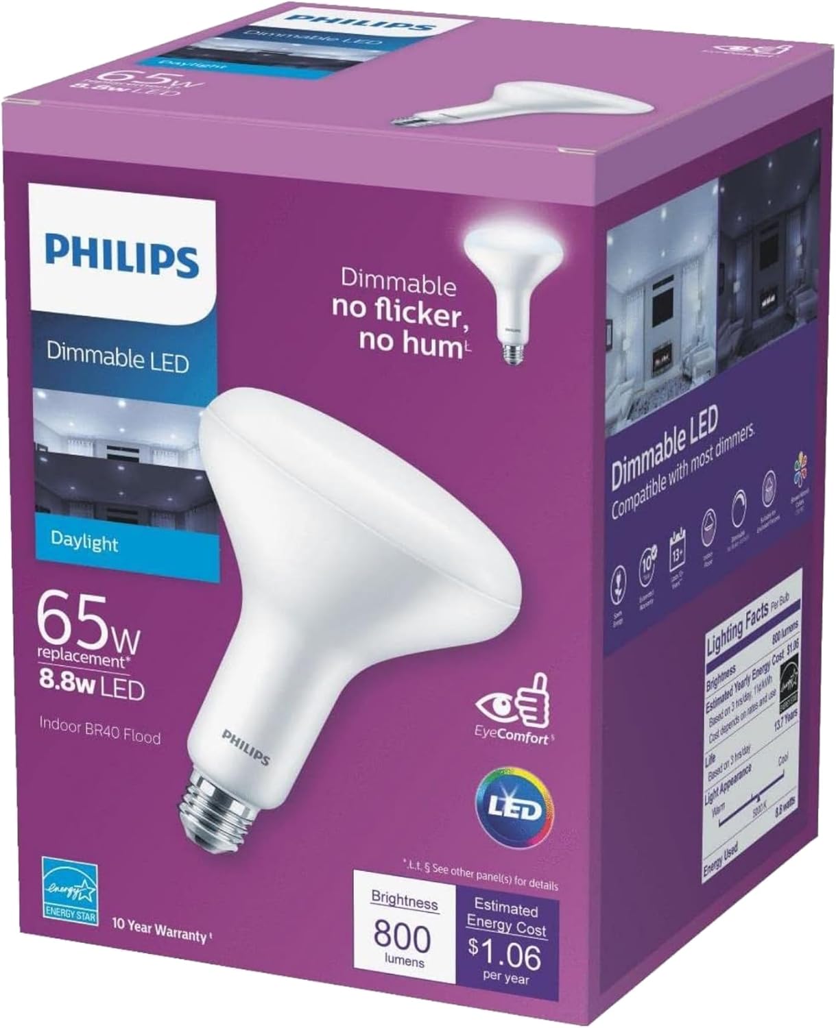 Philips LED Frosted Dimmable BR40 Light Bulb - EyeComfort Flicker Free - 8.8W = 65W - 800 Lumen - Daylight (5000K) - E26 Base - Indoor - Title 20