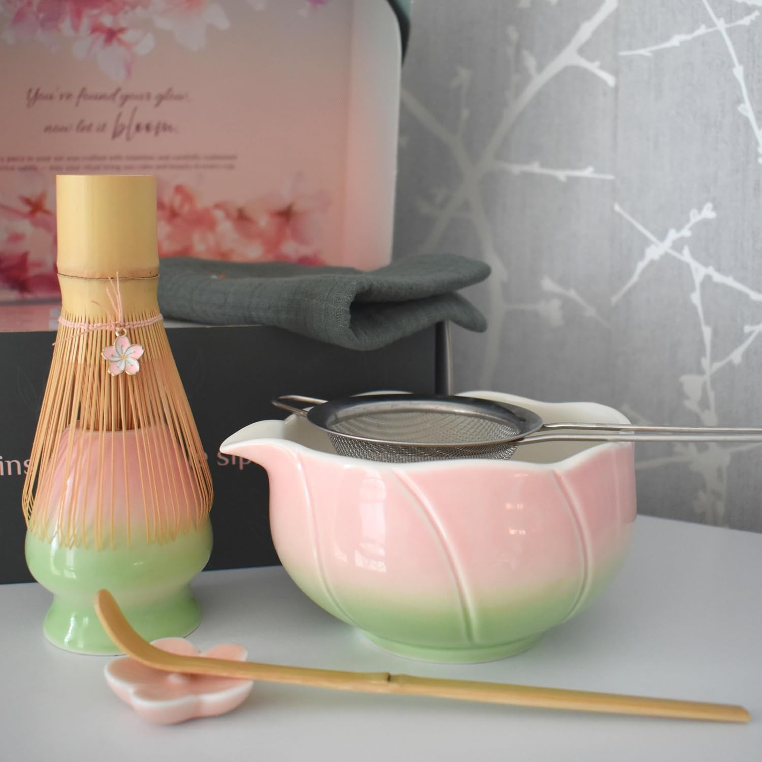 Green Glow & Co. Bamboo Matcha Whisk Set | Chasen, Blooming Flower Bowl, Chasen Holder, Scoop, Scoop Rest, Sieve & Tea Towel, Japanese Matcha Accessories