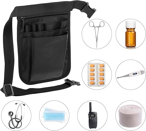 Miniatura 5 de QWORK Cinturón organizador médico, bolsa de almacenamiento para enfermeras, bolsa de cintura para tijeras médicas, kit de herramientas (negro, 10 x