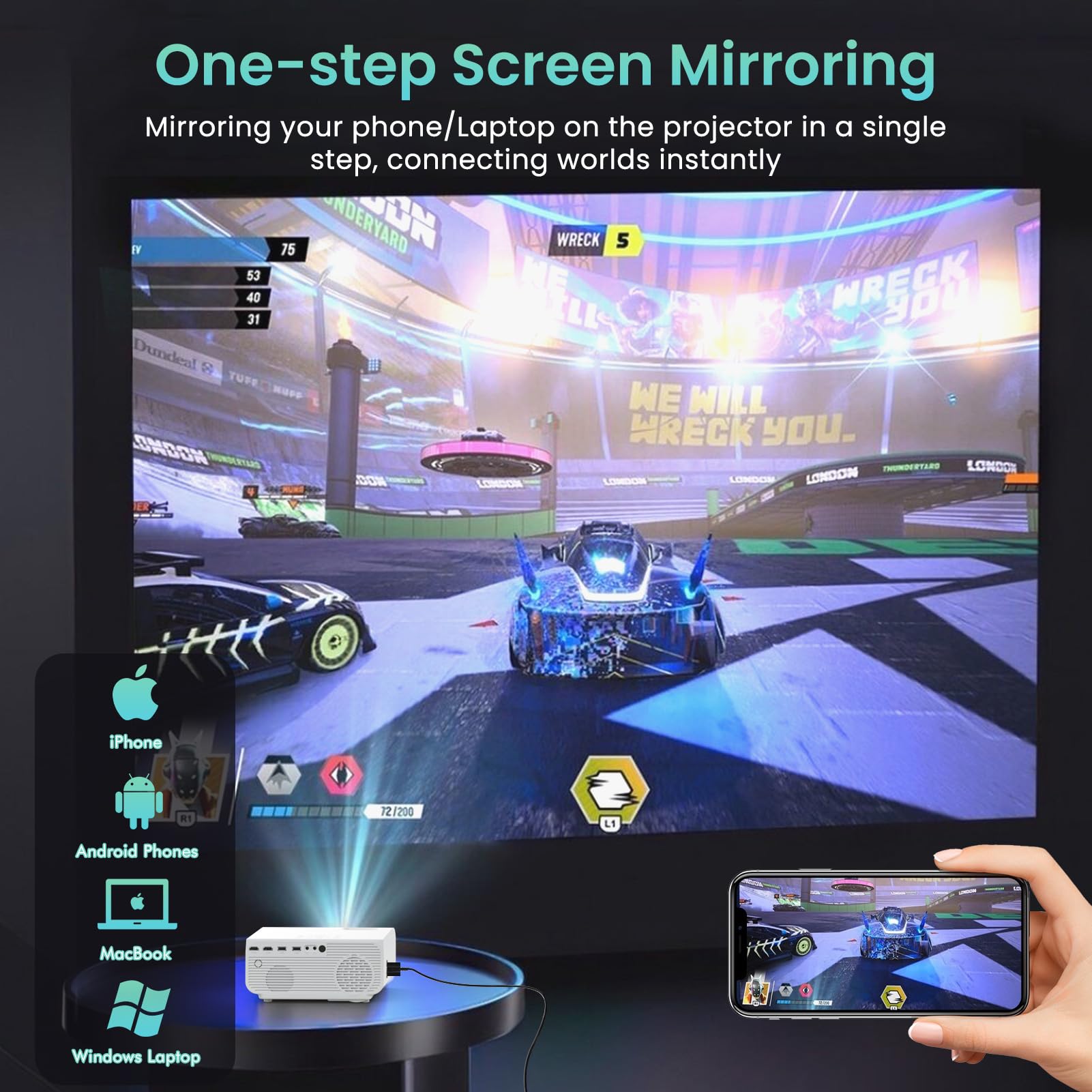 HOPVISION Projektor, Mini Projektor WiFi Bluetooth Full HD 1080P, Projektor 4K do Kina Domowego, 300-Calowy Wyświetlacz, Projektor Zewnętrzny Kompatybilny ze Smartfonem/HDMI/USB/Laptopem/Palnikiem/PS5