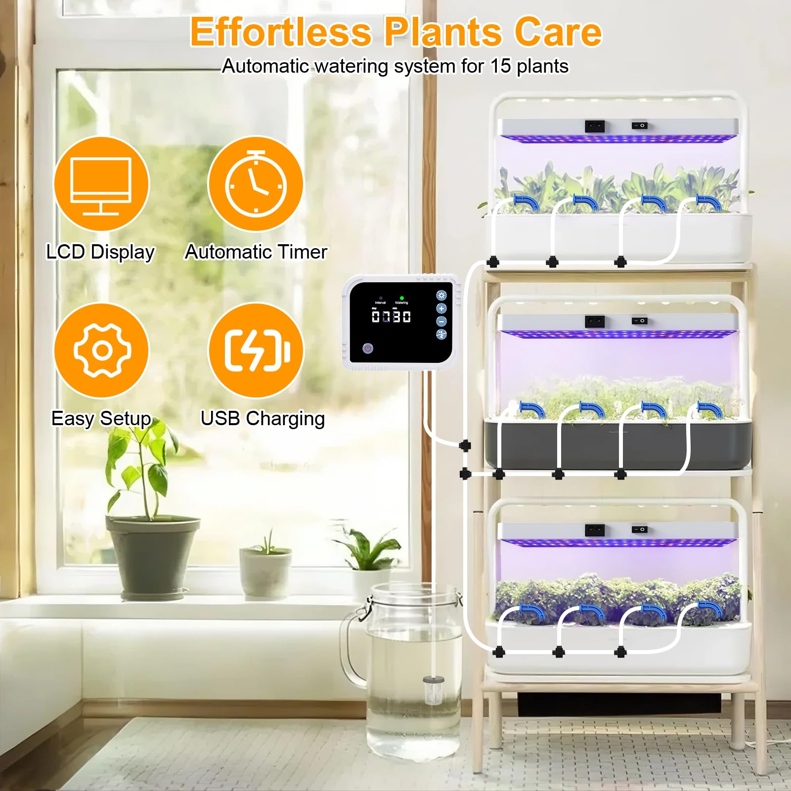 LED Grow Light con sistema de riego automático para plantas de interior, luz de espectro completo con mando a distancia, regulable sin niveles con 3 modos de iluminación para plántulas