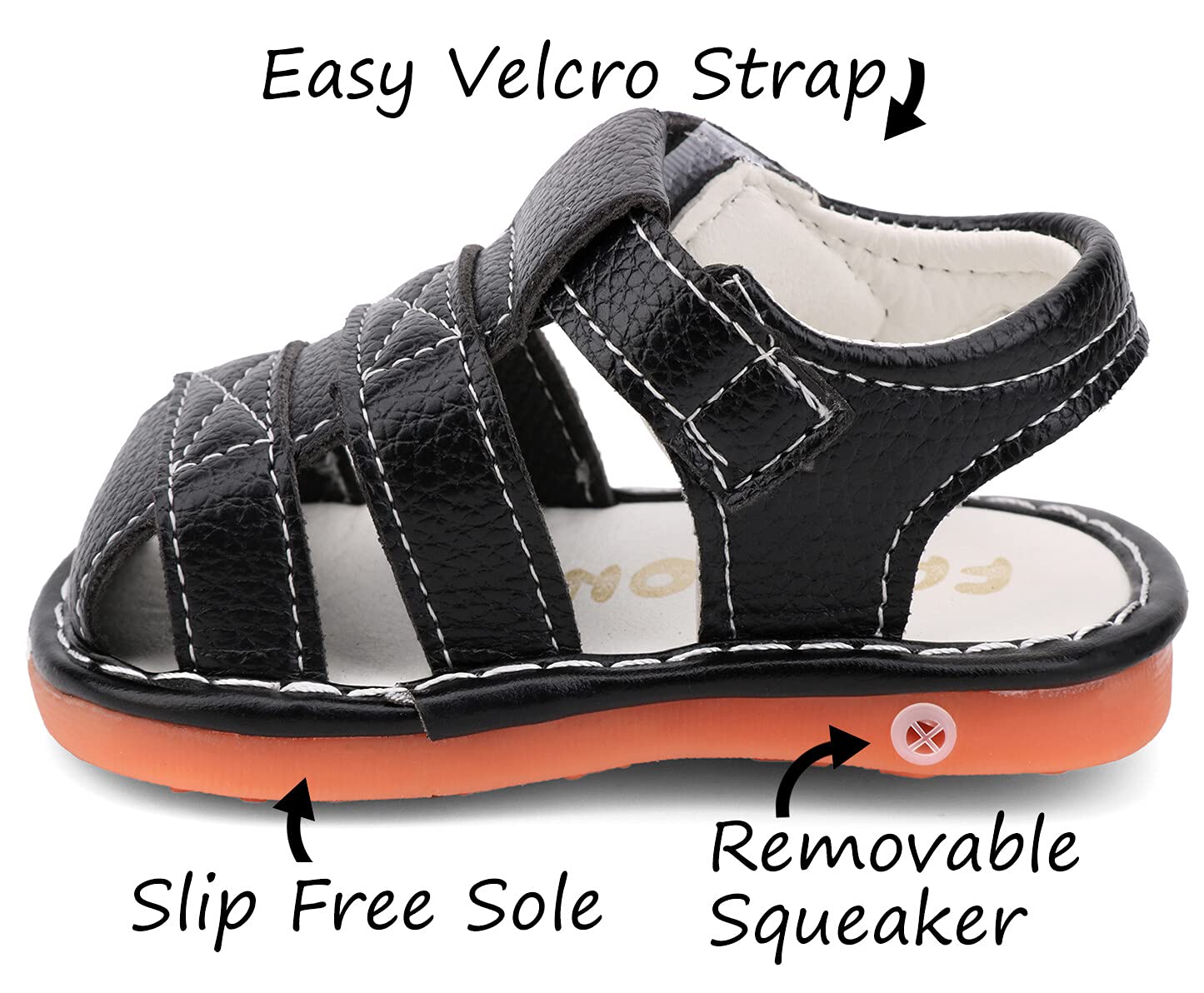 CINDEAR Baby Boys Girls Squeaky Sandals Summer Closed-Toe Anti-Slip Premium Rubber Sole Toddler First Walkers Shoes 1302-BK17