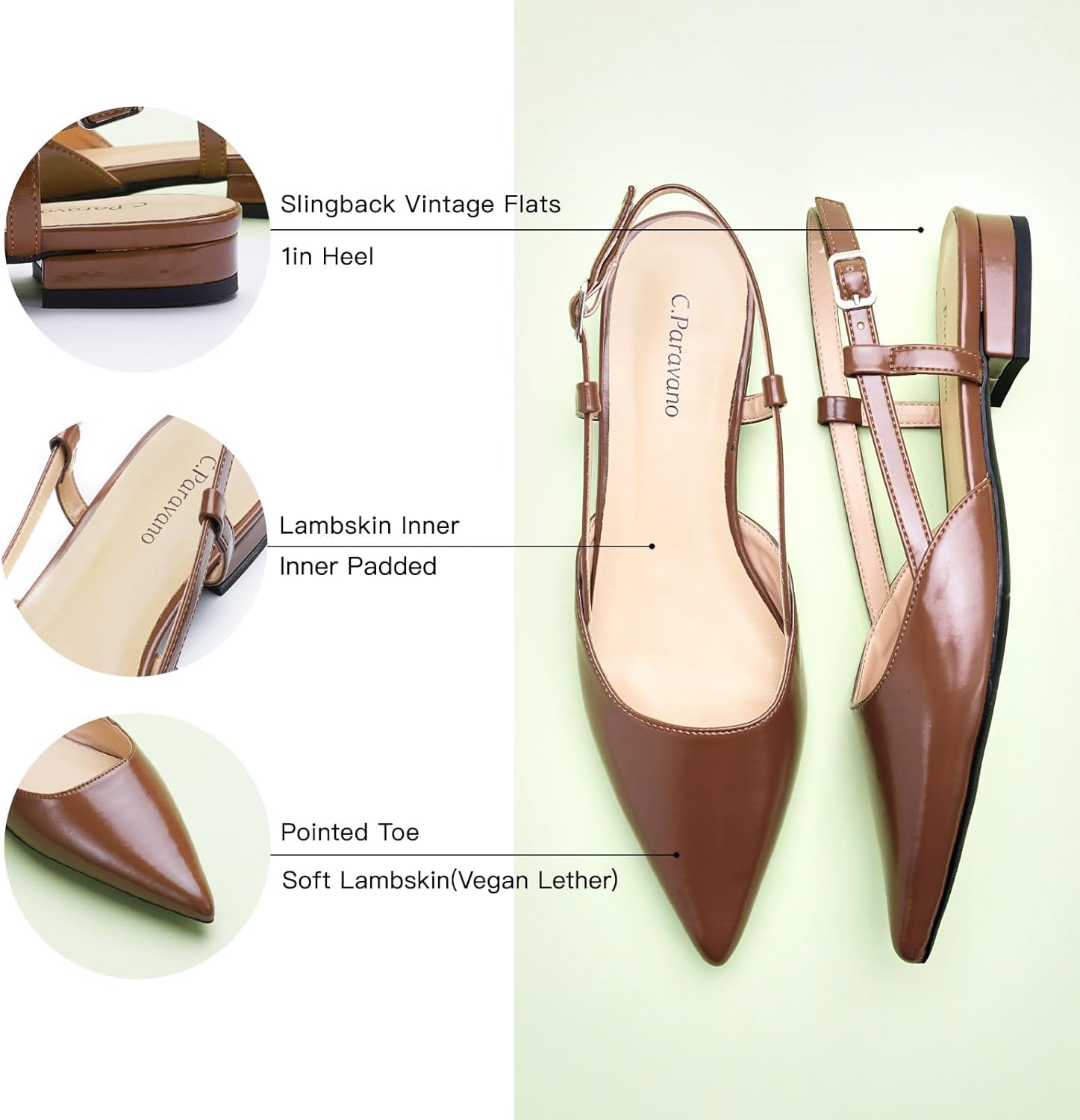 C.Paravano Slingback Flats | Pointed Toe Flats | Slingback Sandals | Women's Slingback Dress Shoes | Adjustable Buckle Sandals - Image 5