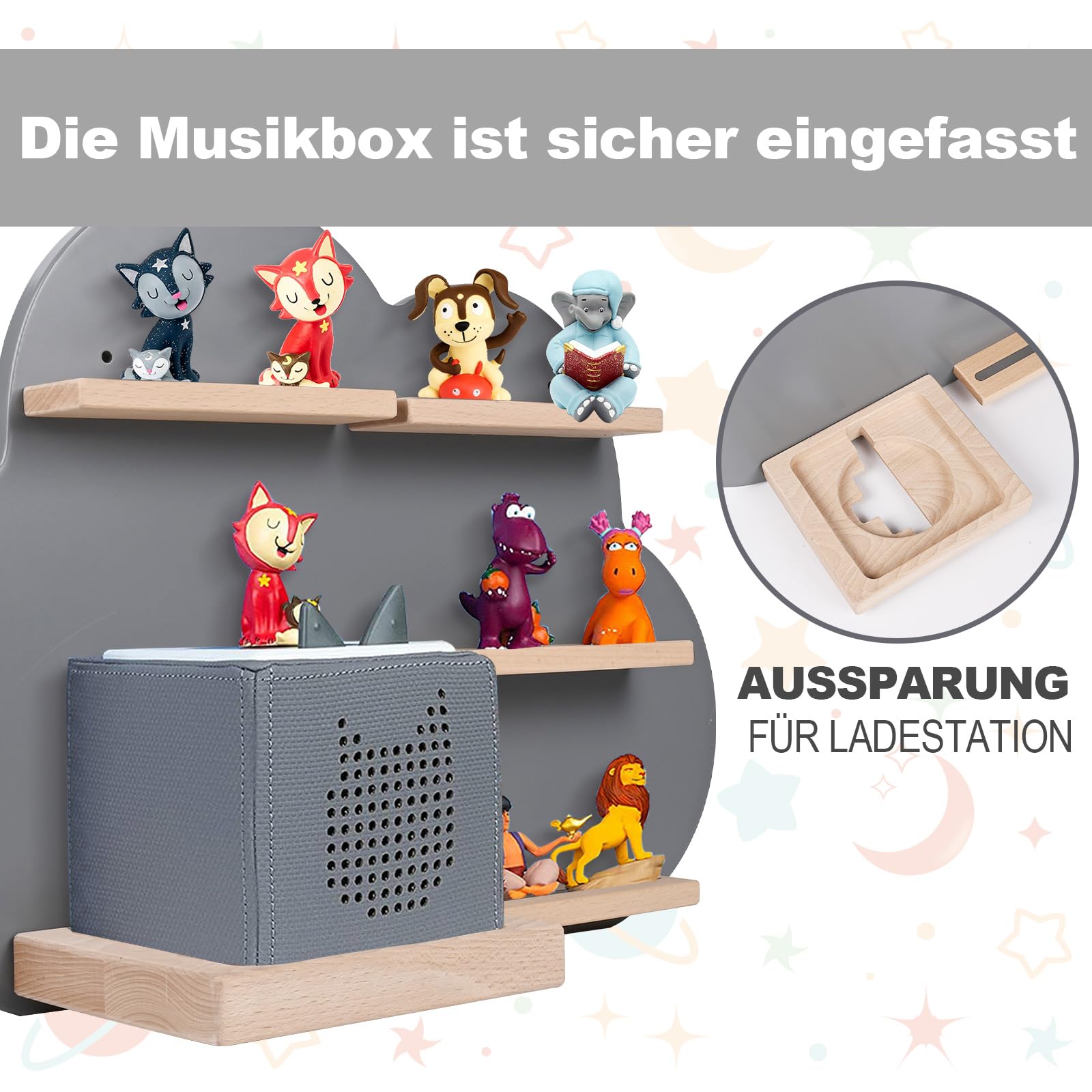 Mensola per bambini compatibile con Toniebox e Tonies oltre 15 personaggi - Mensola da parete scatola musicale per giocare e collezionare cameretta