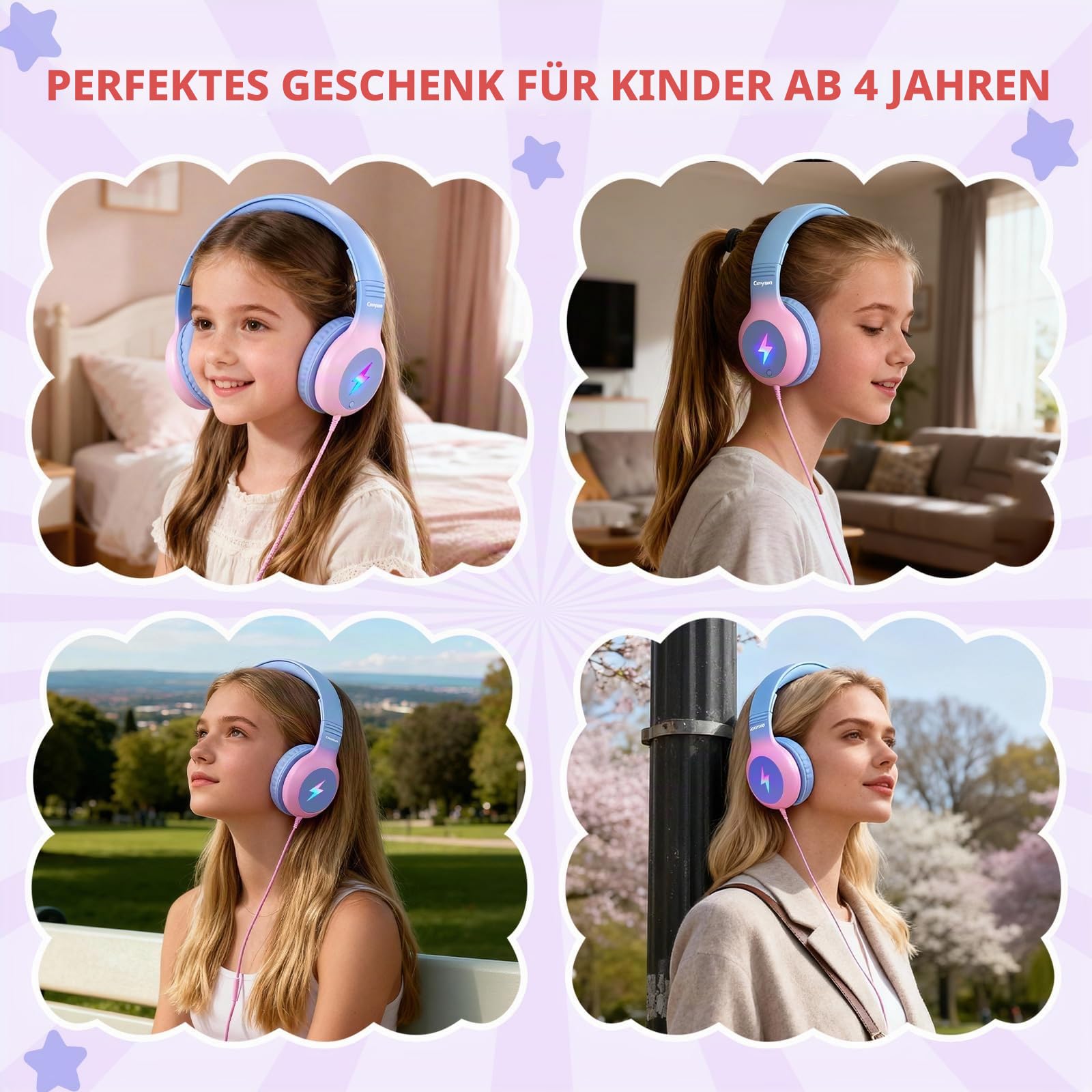 Cowyawn Kinder-Kopfhörer mit LED-Lichtern, USB-Typ-C-Kid-Kopfhörer mit Mikrofon, Lautstärkenbegrenzung 85/94 dB, Over-Ear-USB-C-Kopfhörer für Jungen/Mädchen/Schule/Tablet/Reisen/iPad/iPhone, Violett