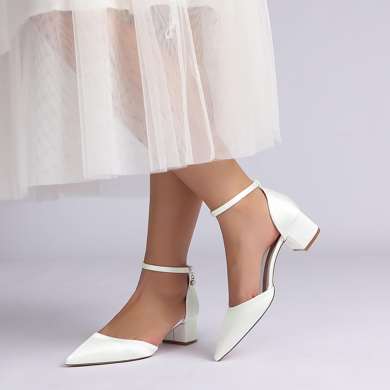 Scarpe da Sposa comode con Tacco Basso e Blocco da Donna Chiuse con Punta affilata Cinturino alla Caviglia décolleté in Raso Scarpe Eleganti con Tacco Basso