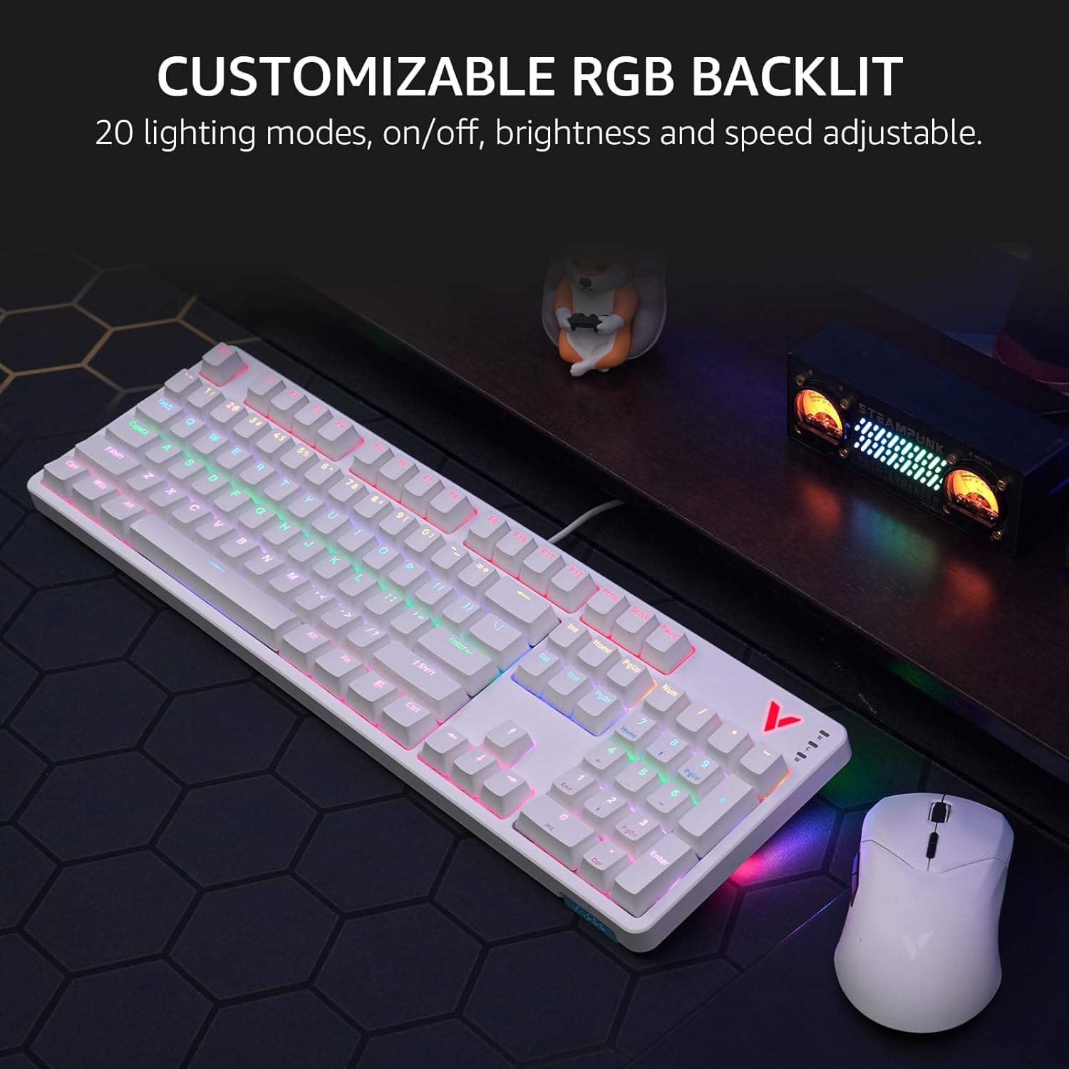 Rapoo V500Pro keyboard with customizable RGB backlighting on a desk