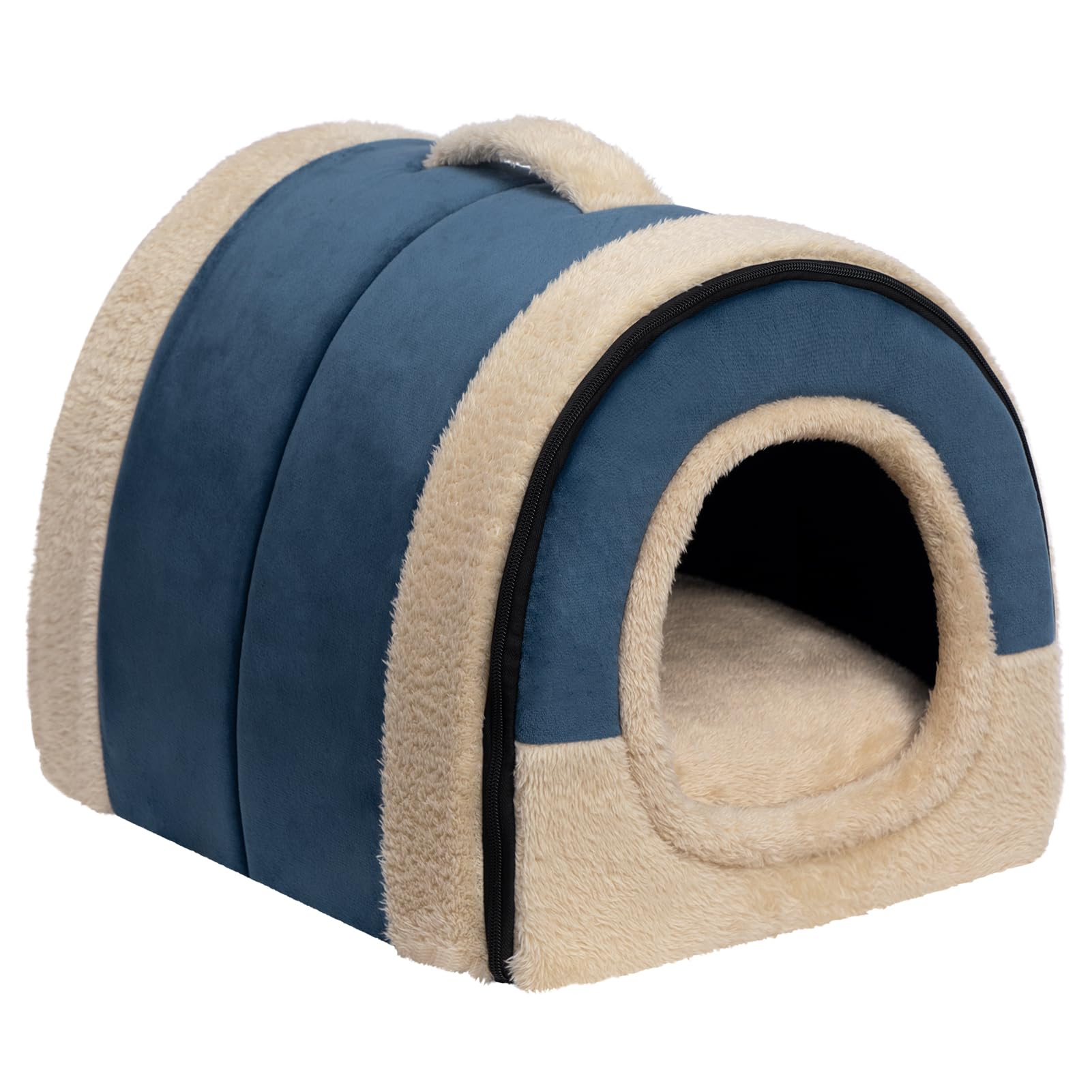 Hollypet Katzenbett Kleines Hundebett, 2-in-1 Faltbare Haustierbett für Katzen & Kleine Hunde, Warmes Höhlennest Kristallsamt-Katzenhöhle Indoor Outdoor, Dunkelblau