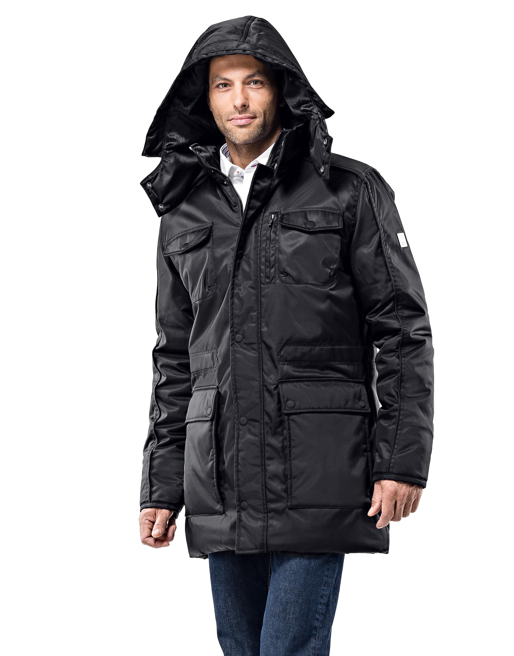 Vincenzo Boretti Chaquetón de hombre para invierno, forrado caliente y suave, incluso los bolsillos y la capucha desmontable con piel sintética, elegantes botones pespunteados