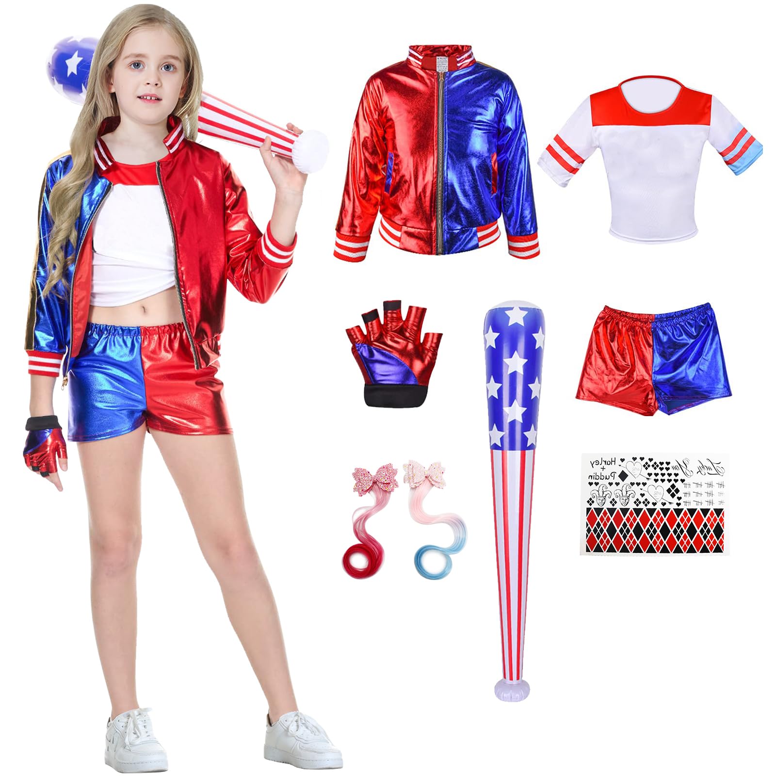 Heionia 8PCS Disfraz Niñas Cosplay Disfraces con Chaqueta Camiseta Pantalones Cortos Guantes para Carnaval Disfraz Halloween