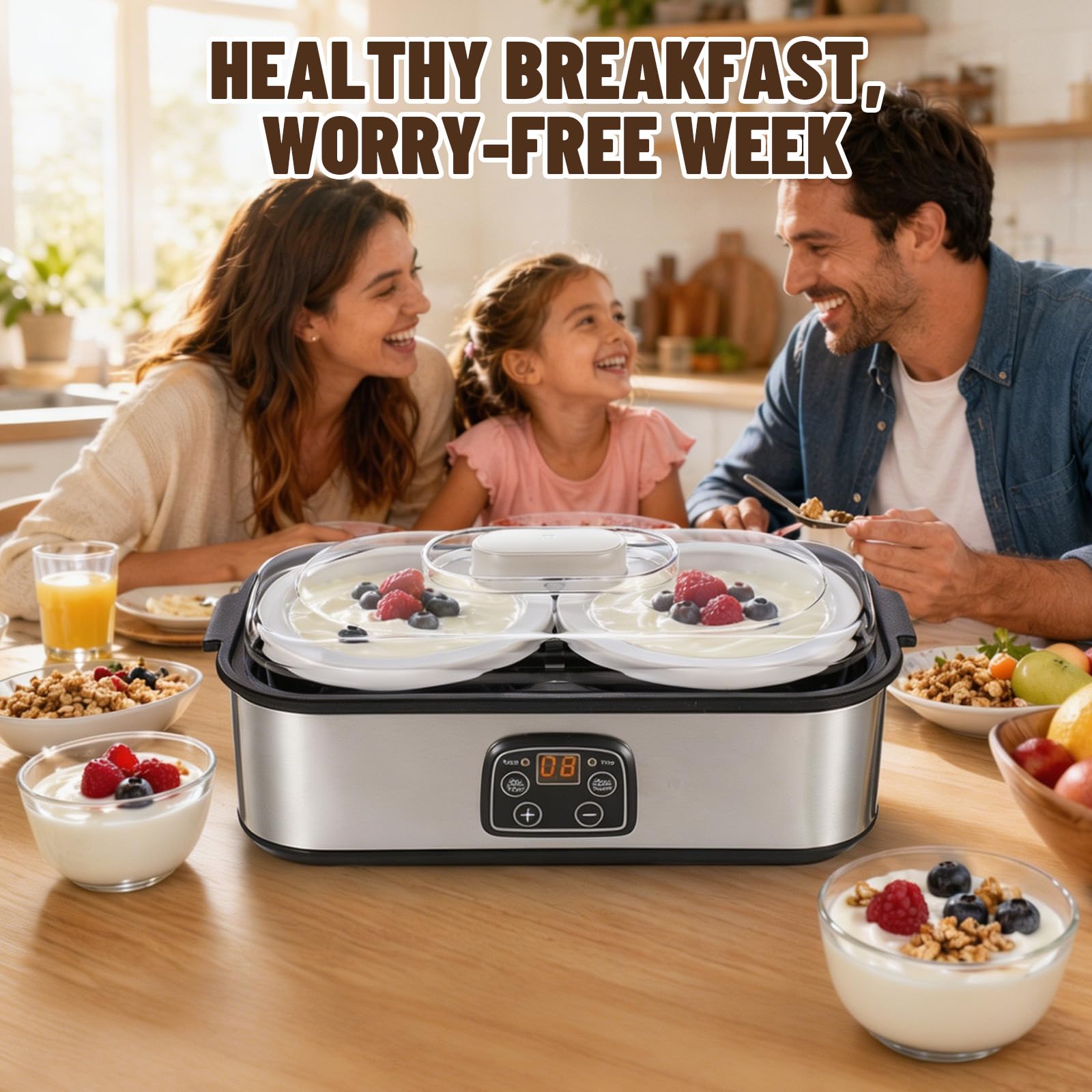 Elektrische Joghurtmaschine 2L, Automatischer Joghurtbereiter mit Einstellbarer Temperatur und Digitalem Timer, Yogurt Maker mit 2 Glasbehälter für DIY Selbstgemachten Joghurt, Käse, Reiswein, Natto