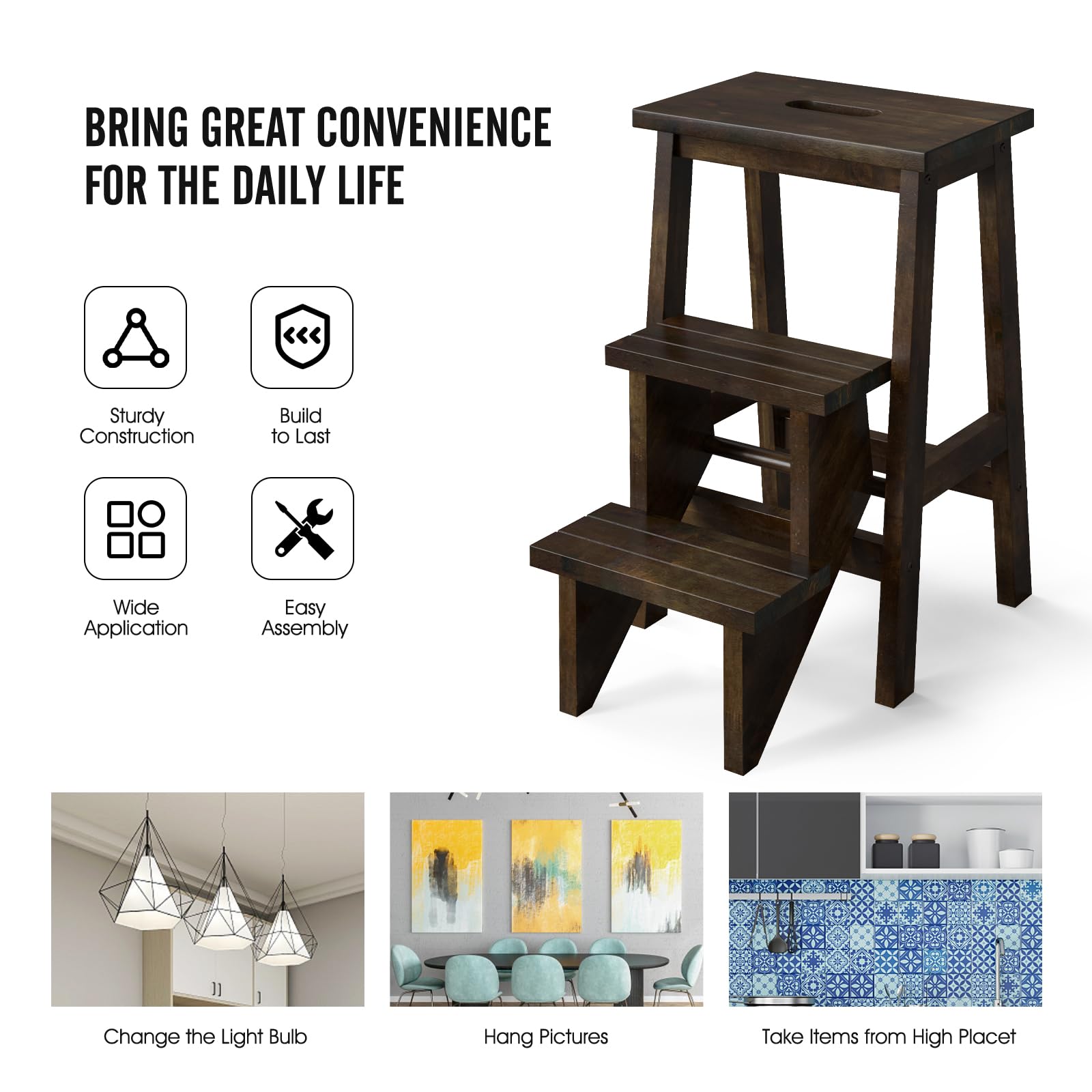 Giantex Folding 3-in-1 Wood Step Ladder – 3-Tier Stool, Anti-Slip, 200lb Capacity, Brown